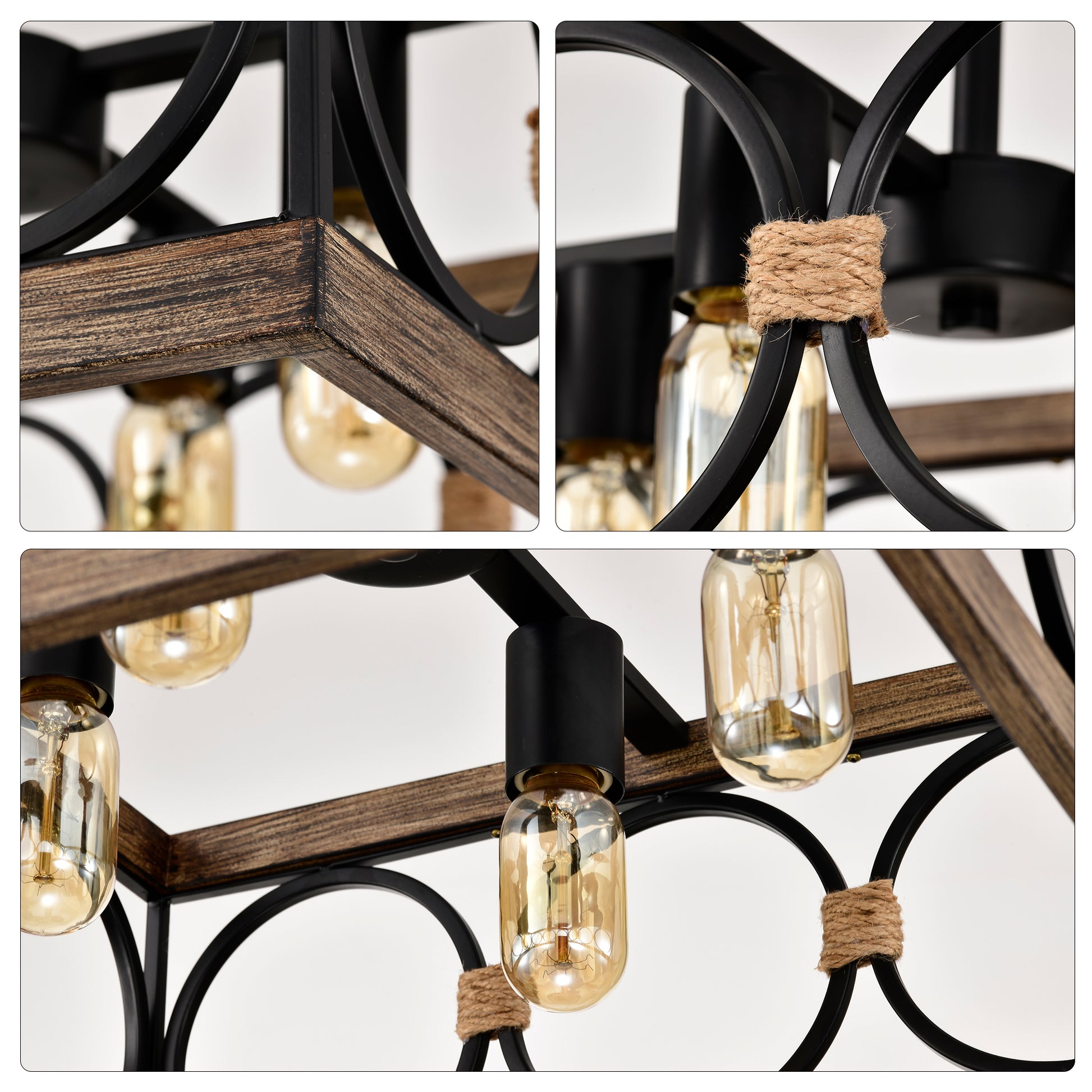 4-Light Wood & Black Farmhouse Flush Mount Ceiling Light - view 11