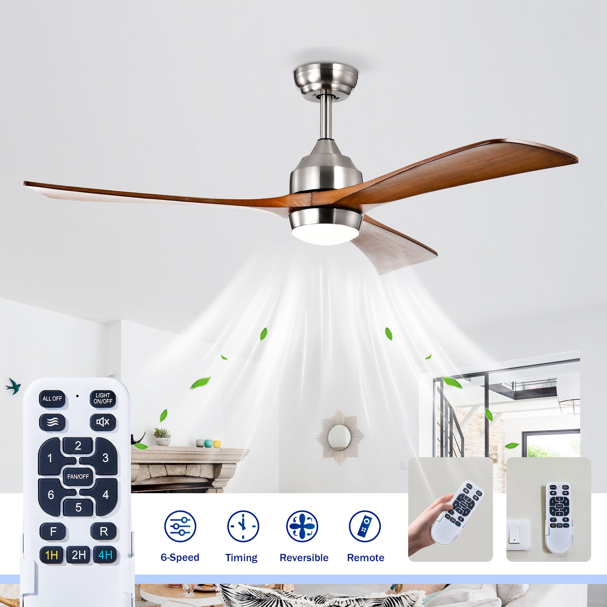 52" Satin Nickel Solid Wood Ceiling Fan with Remote - view 9