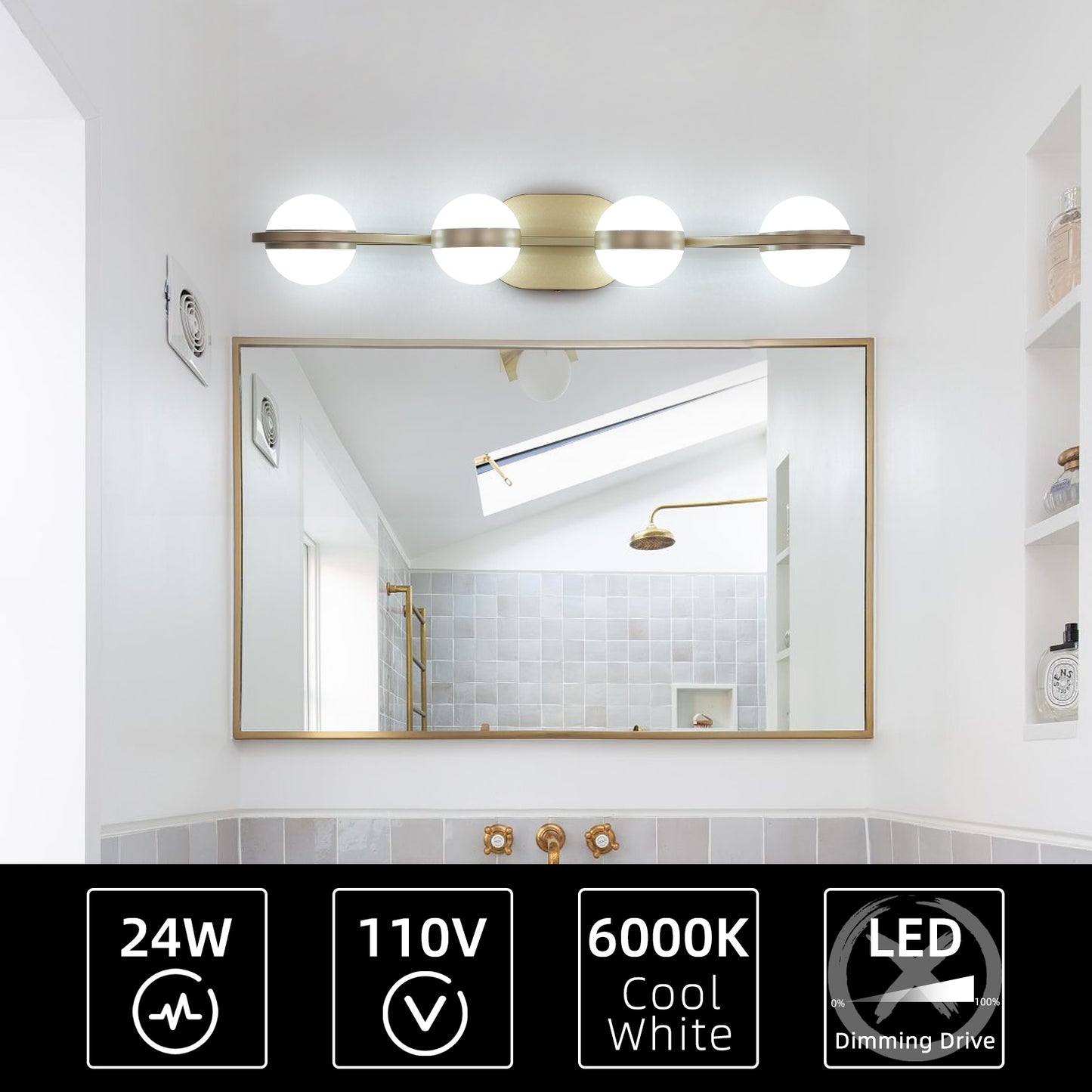 28" 4-Light Gold LED Vanity Light with Crystal Sand Shades - view 6
