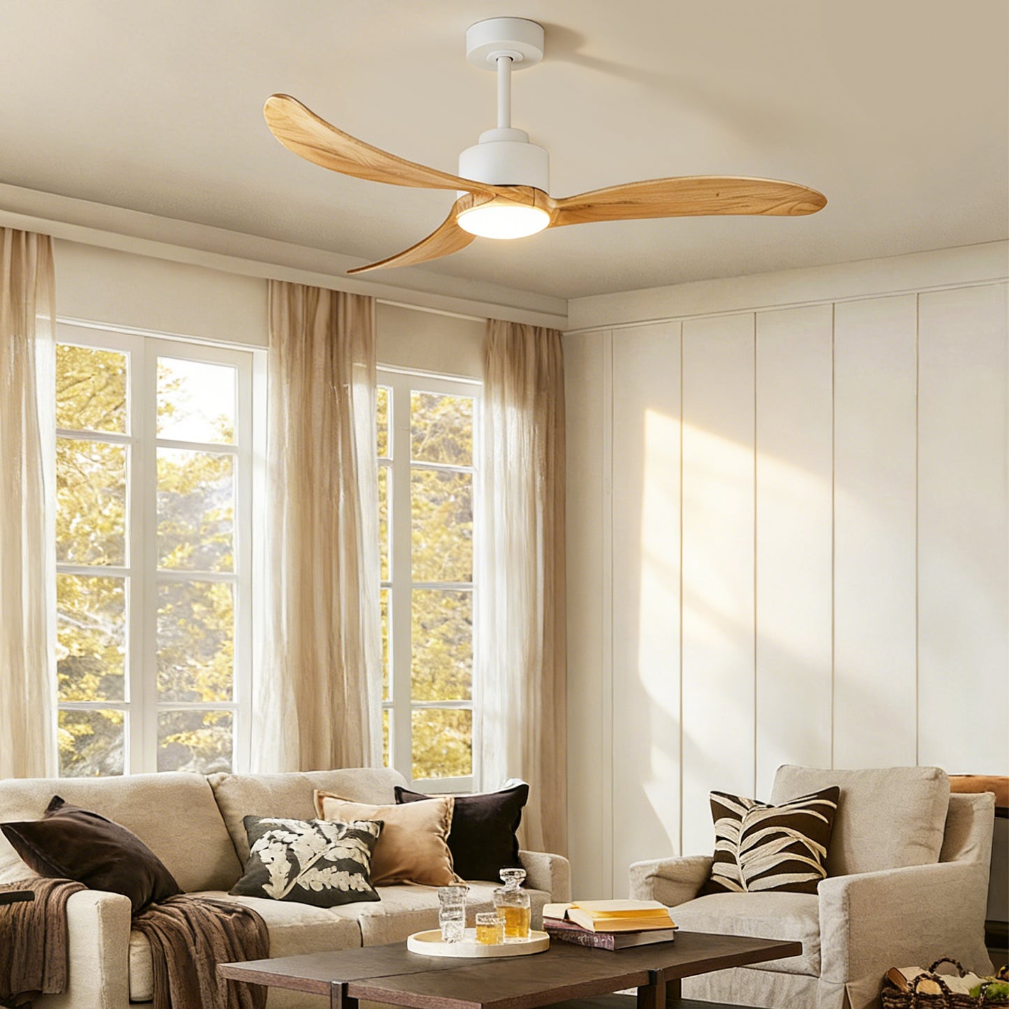 52" White & Natural Wood Ceiling Fan with Dimmable LED - view 12