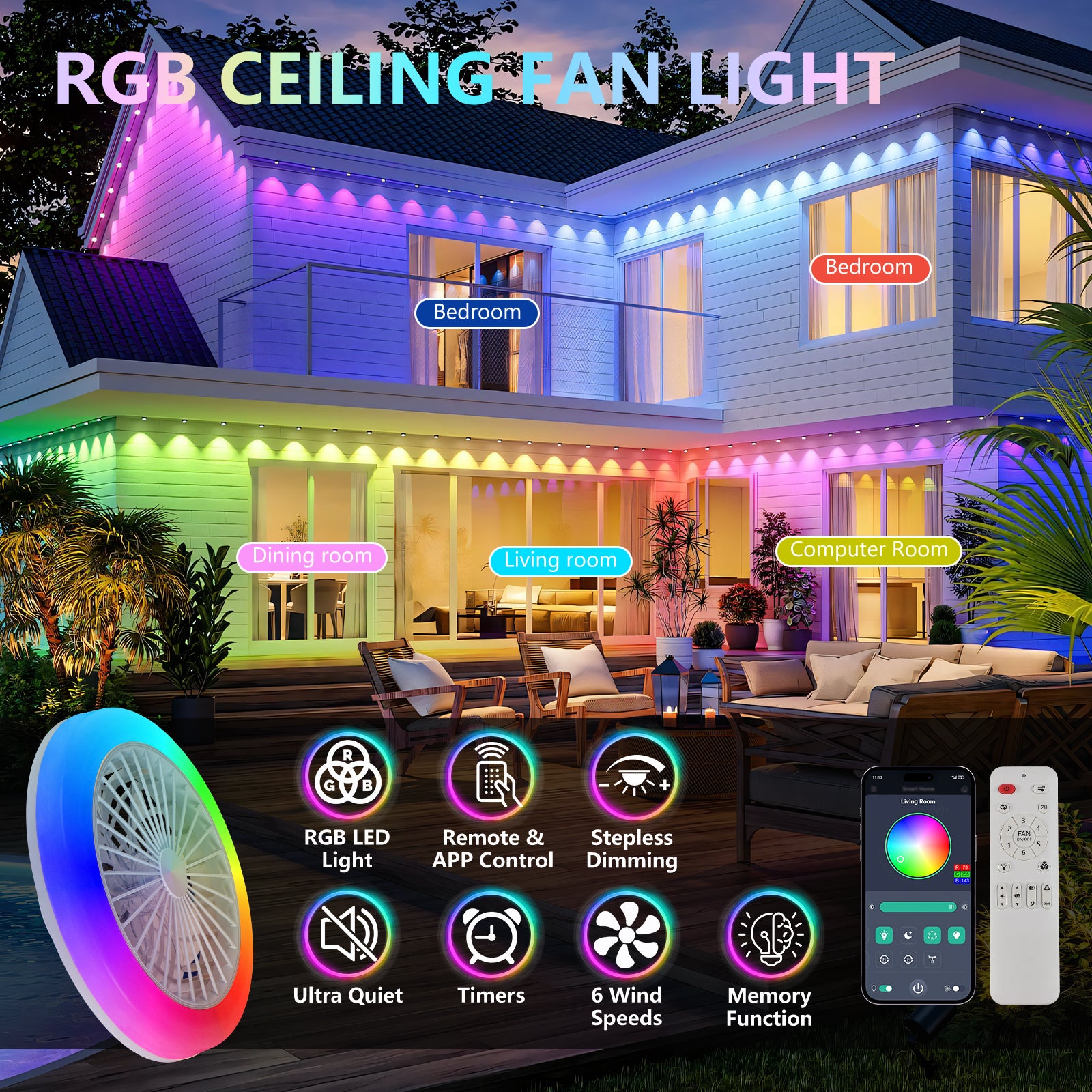 18" White Smart RGB Ceiling Fan with Remote - view 8
