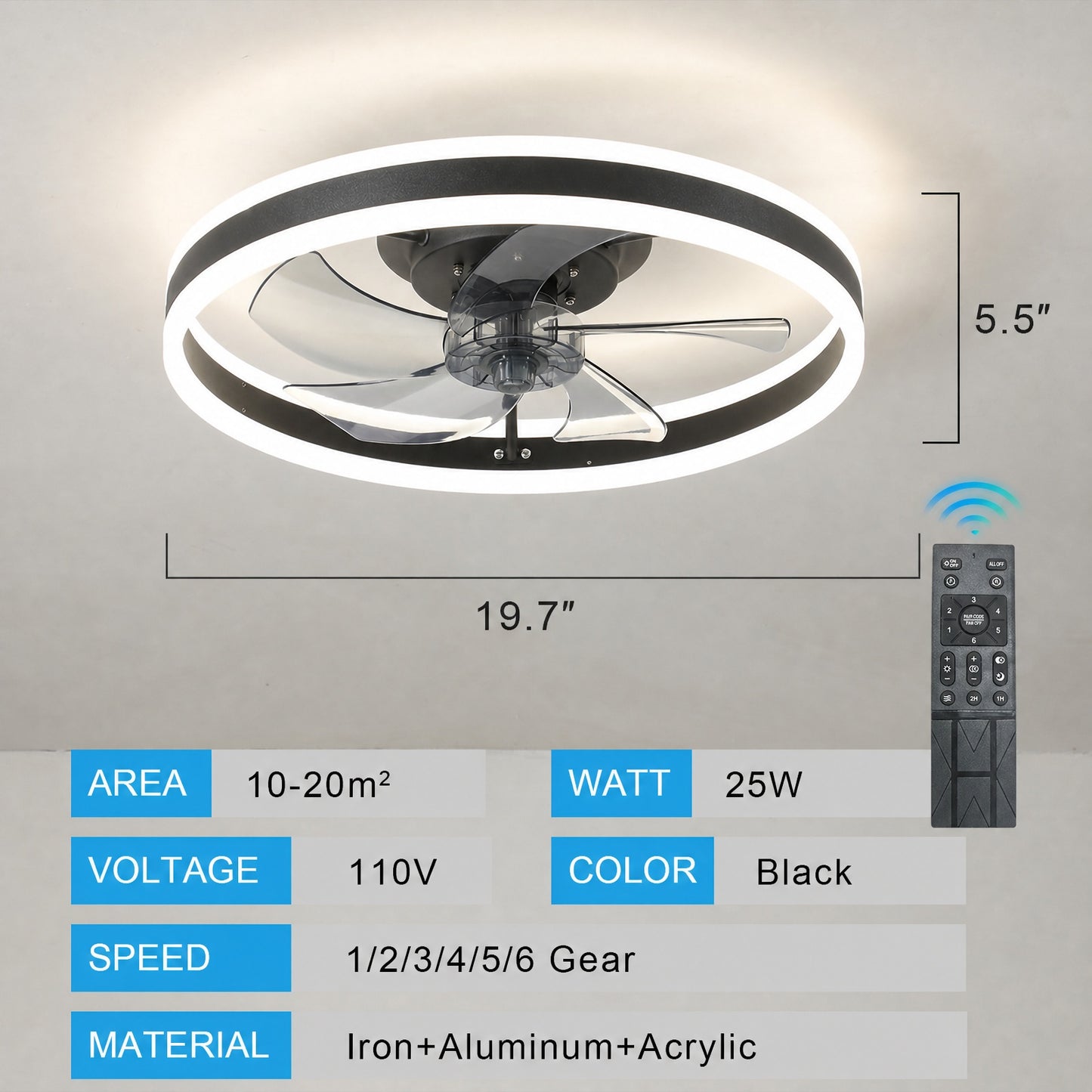 20" Flush Mount Ceiling Fan with Dimmable LED & Remote - view 6