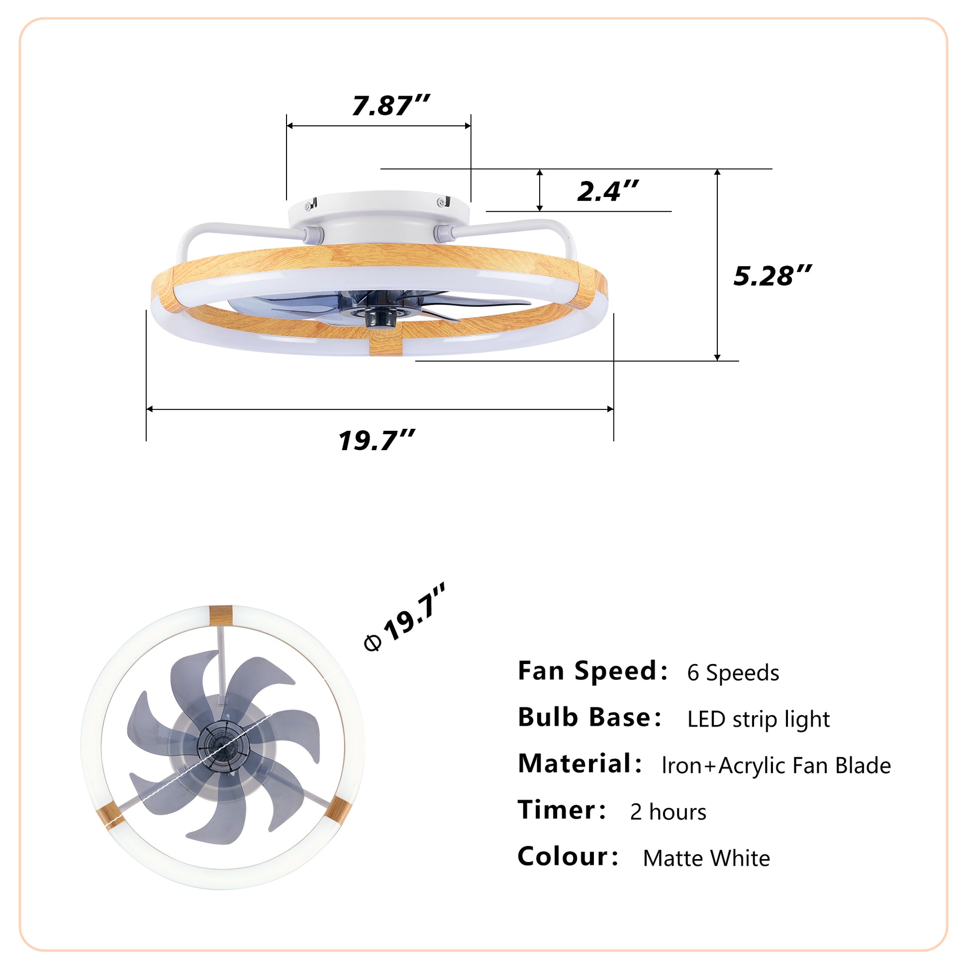 20" Matte White & Wood Ceiling Fan with Dimmable LED - view 7
