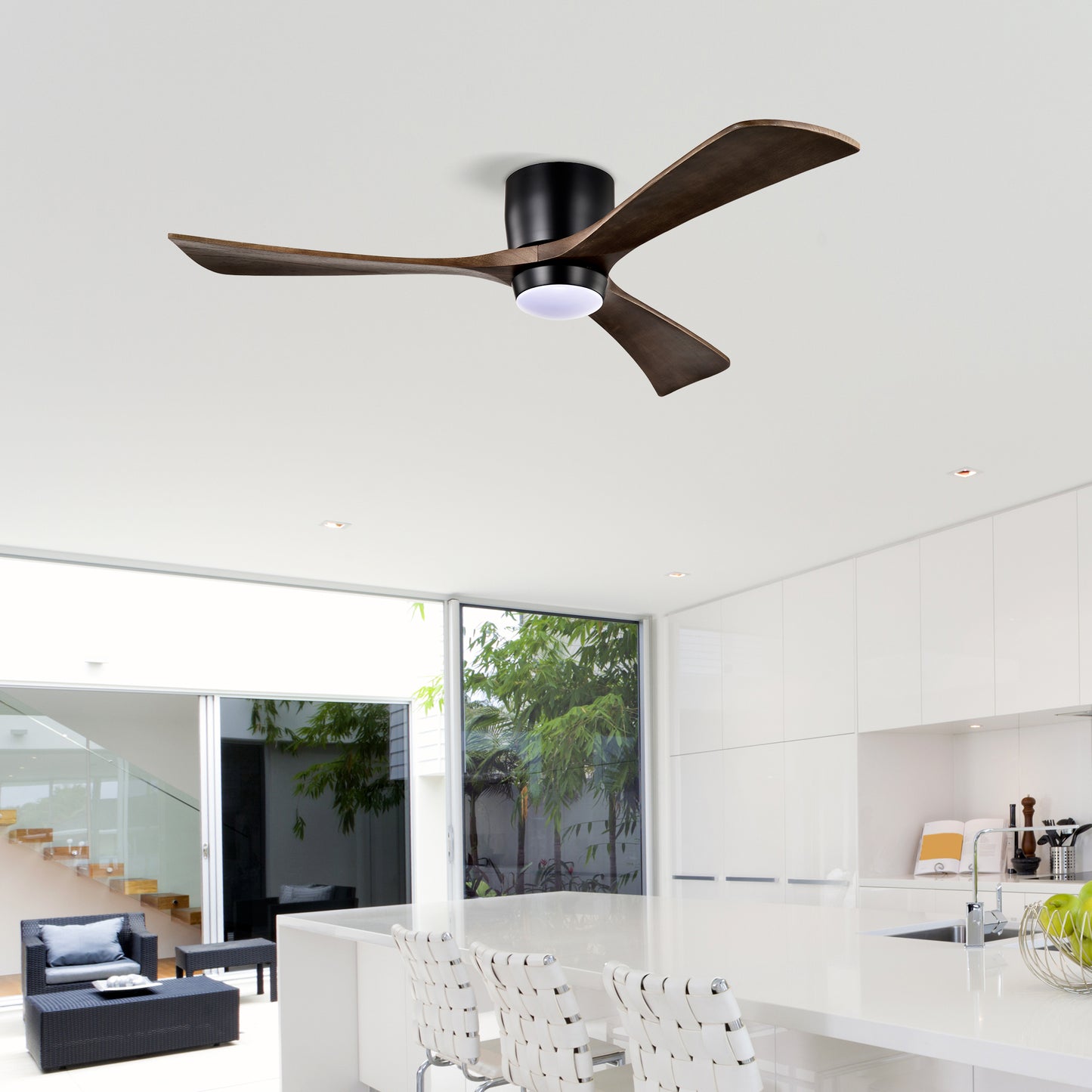 52" Matte Black Flush Mount Wood Ceiling Fan with Remote - view 19