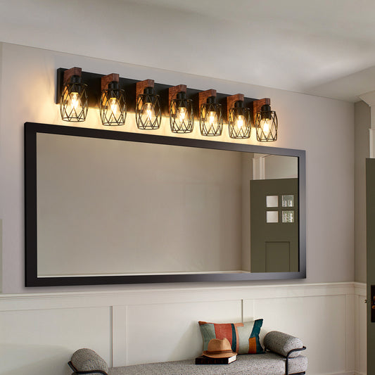 7-Light Black Caged Industrial Wall Light with Wood Accents
