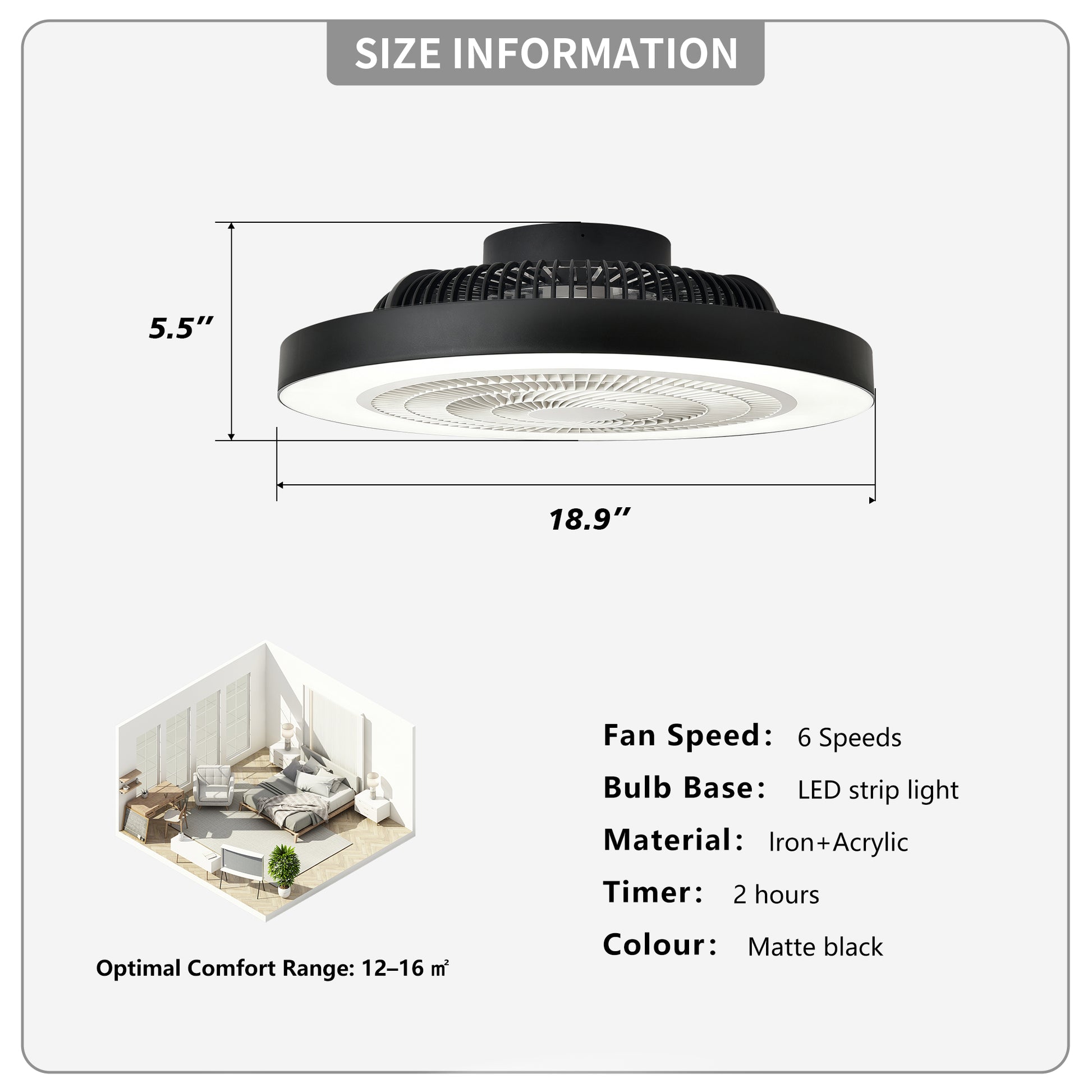 Matte Black Flush Mount Ceiling Fan with Dimmable LED - view 6
