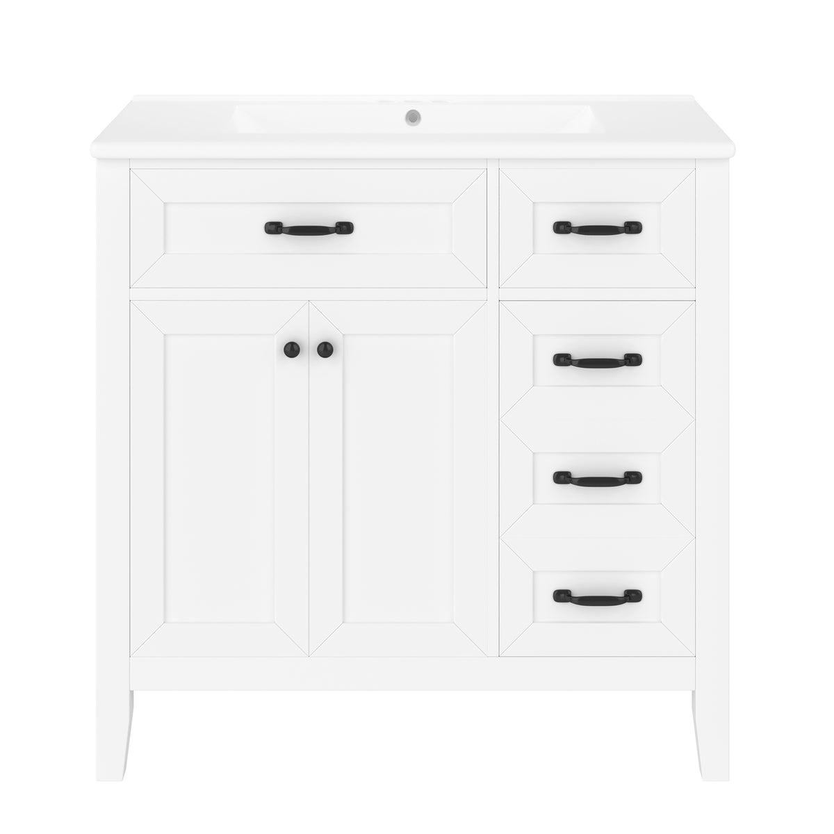 36" White Bathroom Vanity with Sink, 4 Drawers & Black Handles