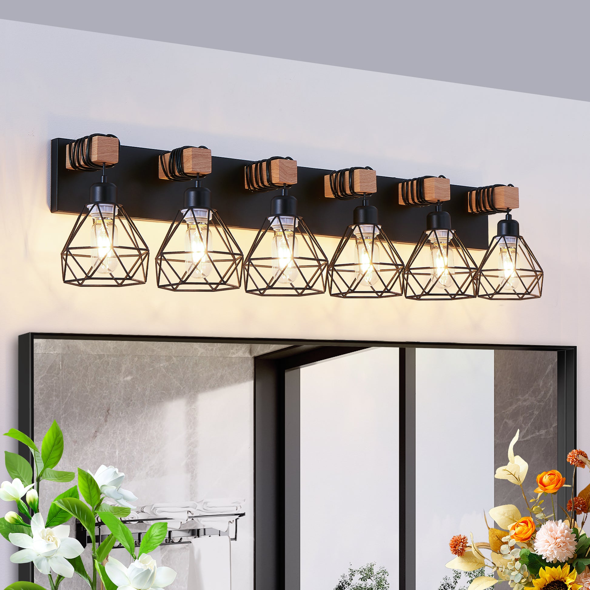 38" 6-Light Black Geometric Cage Vanity Light - view 4