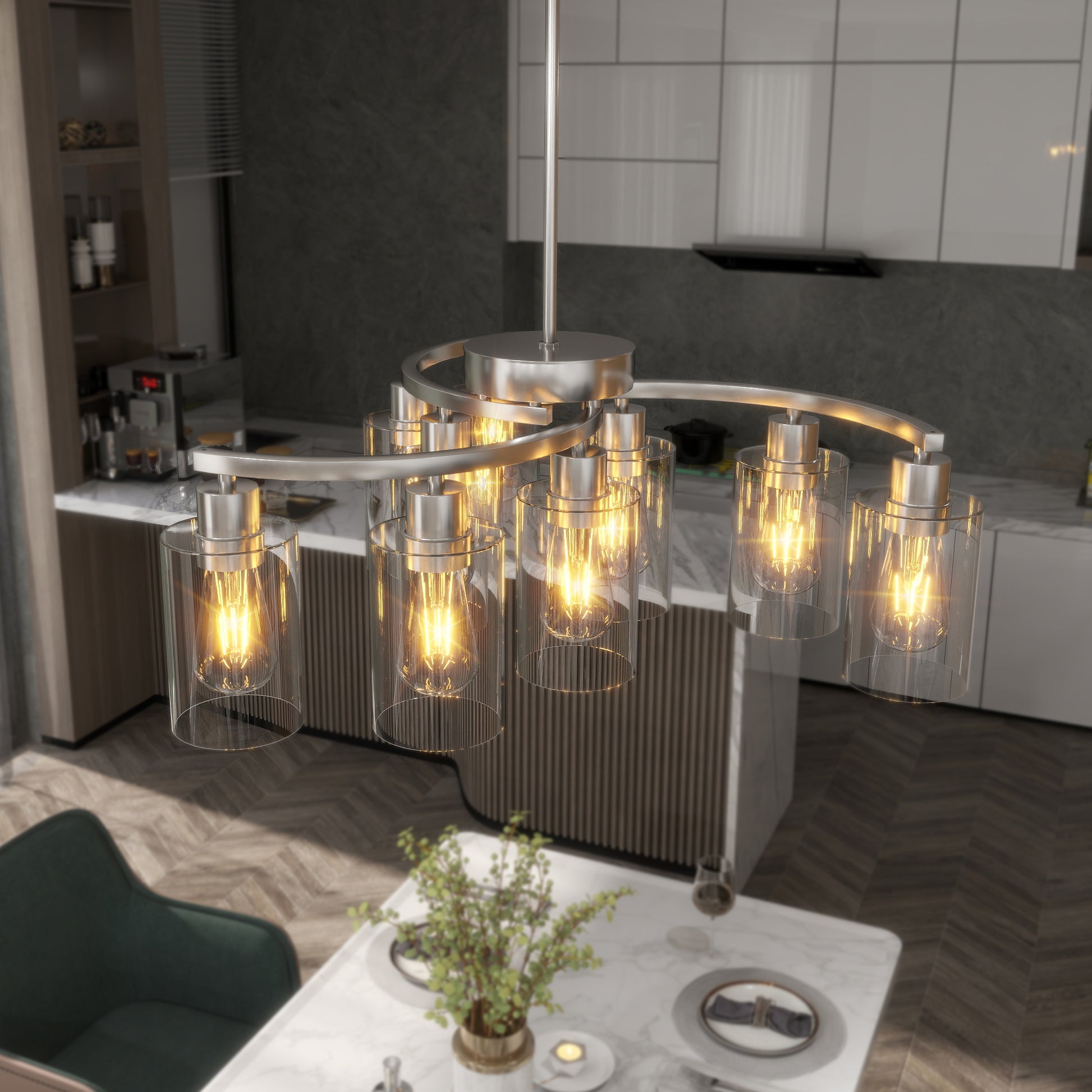 9-Light Brushed Nickel Farmhouse Glass Chandelier - view 4