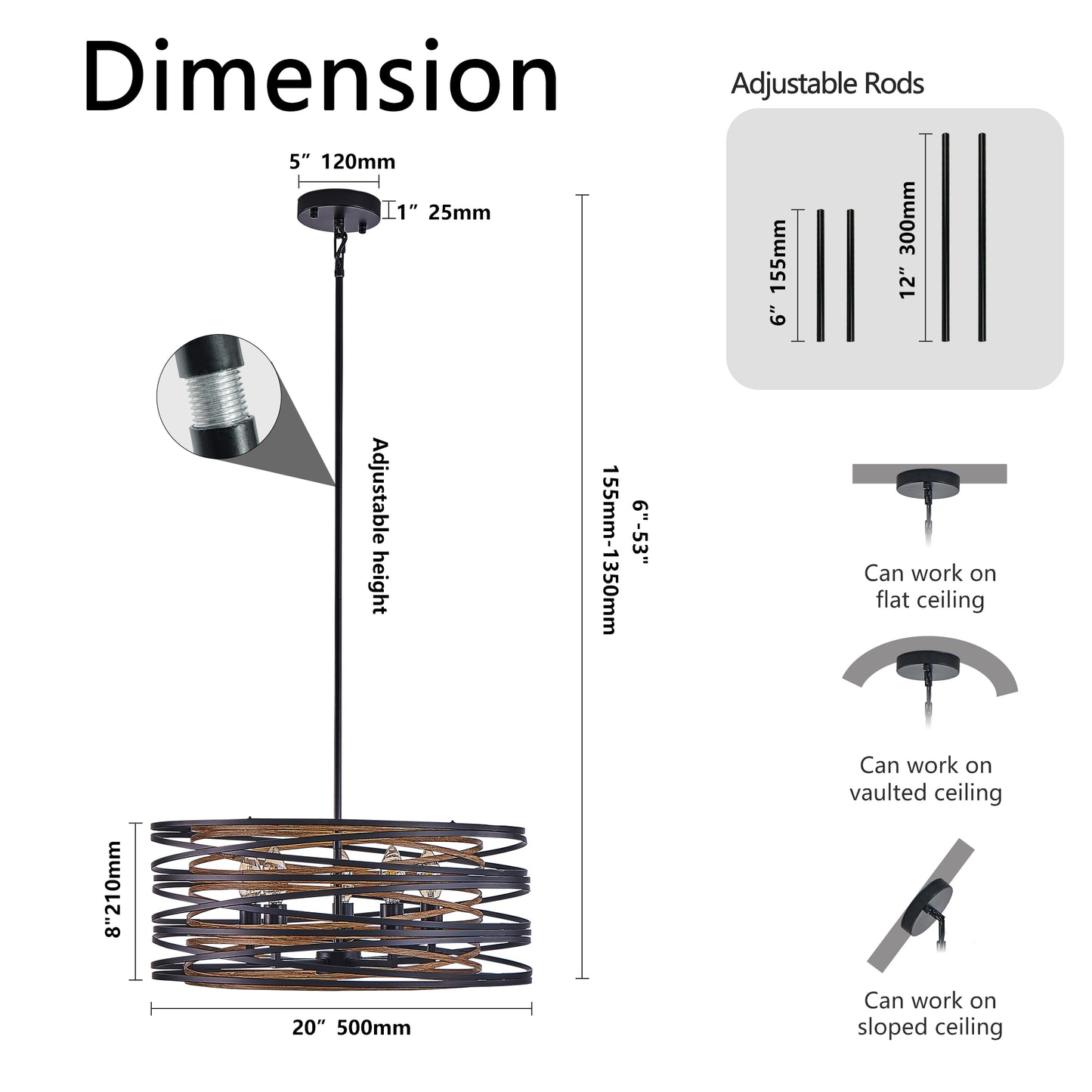 20" 5-Light Black and Walnut Industrial Cage Chandelier - view 9