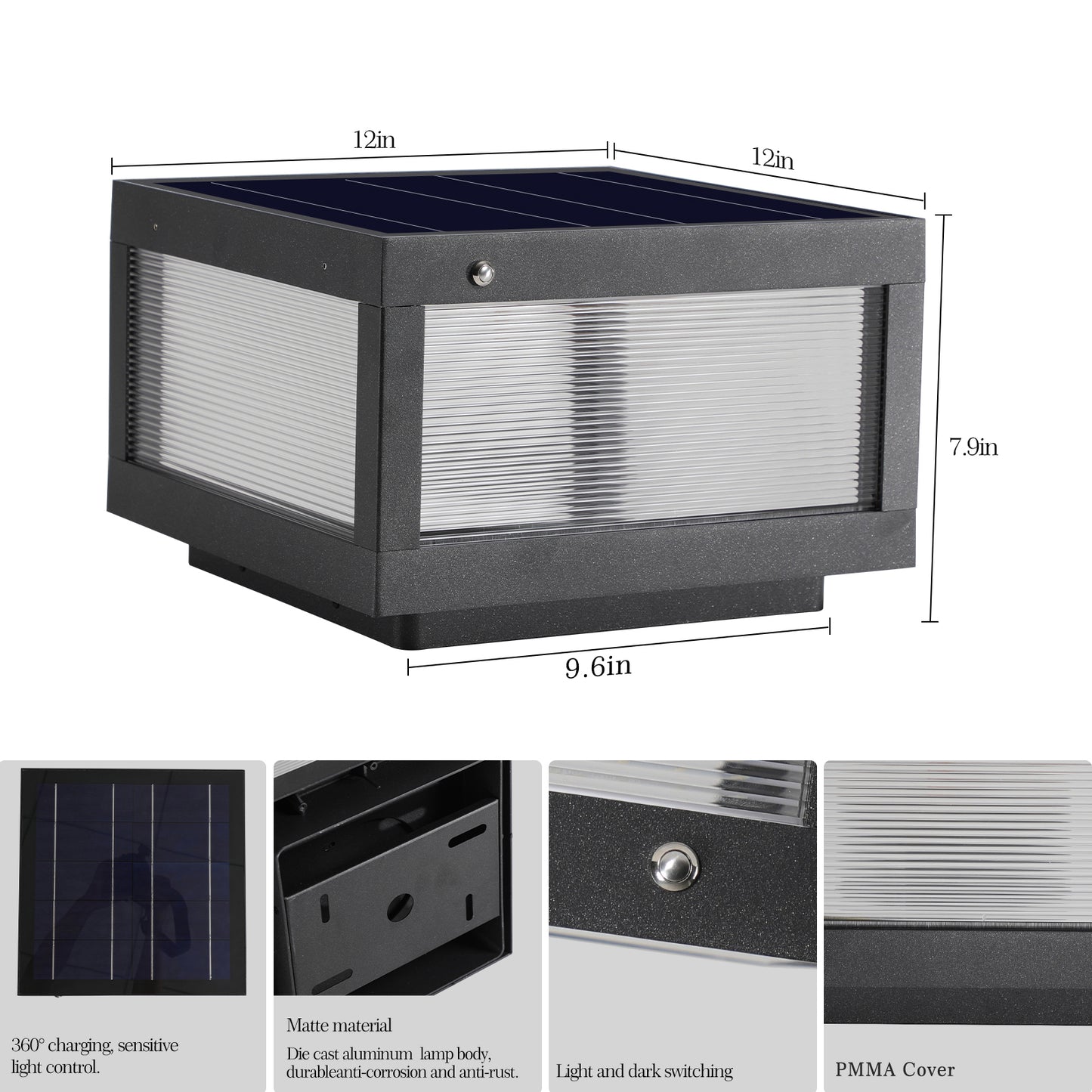 12" Black Solar LED Outdoor Post Cap Light - view 12
