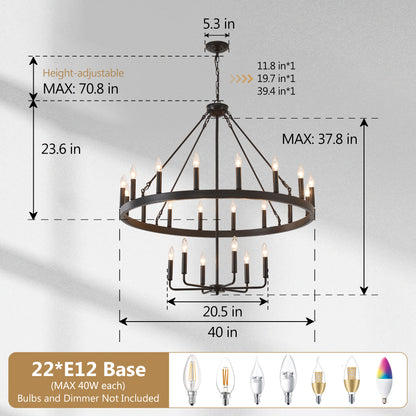 40" 2-Tier Wagon Wheel Farmhouse Chandelier, 22-Light - view 5