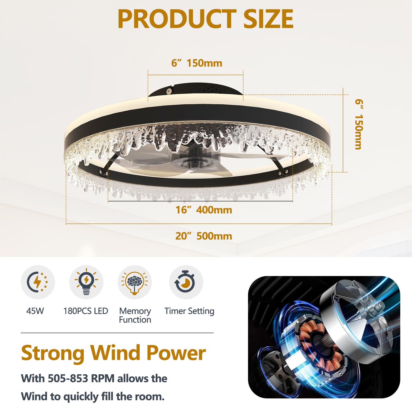 20" Black Smart Ceiling Fan with Light - view 7