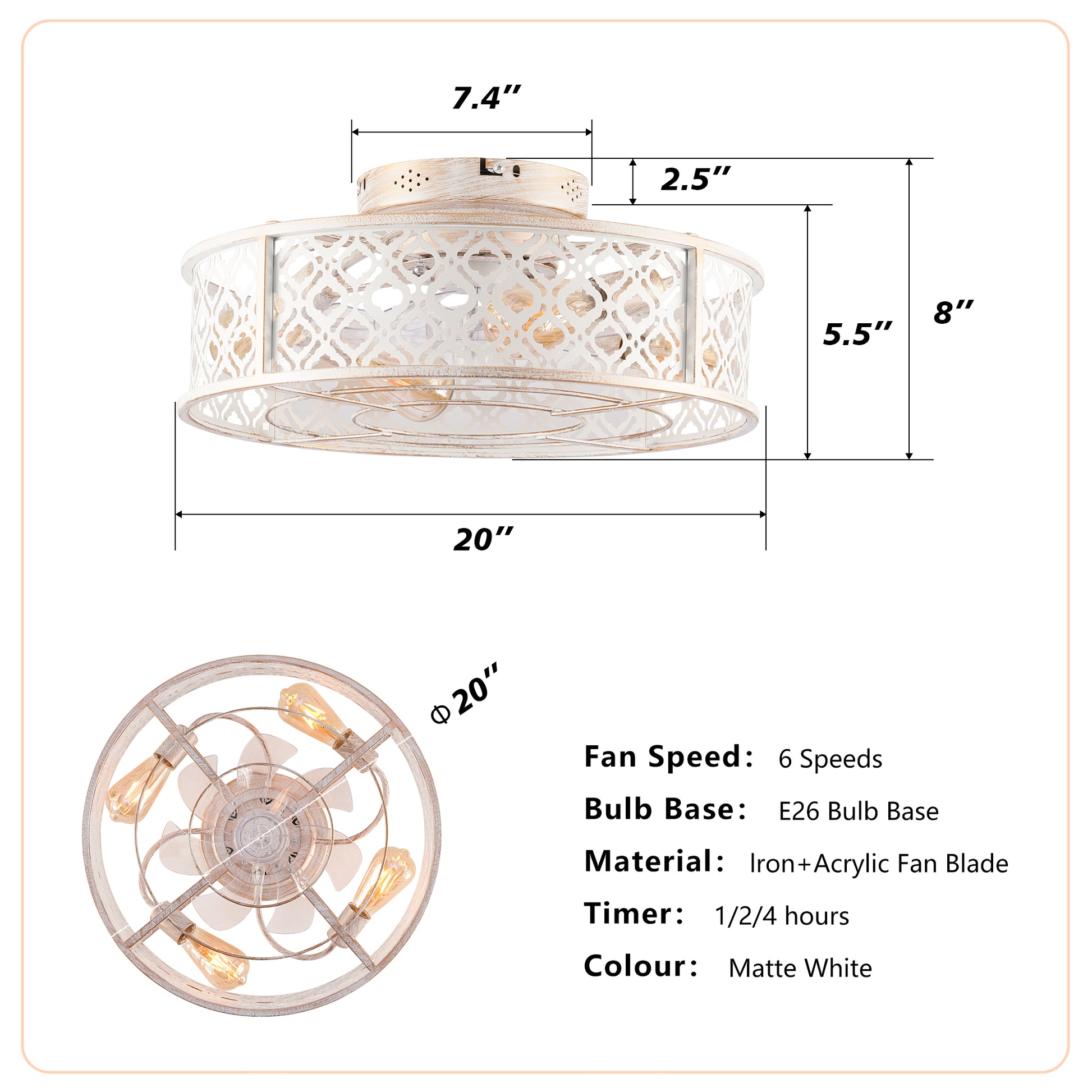 20" Retro White Flower Caged Flush Mount Ceiling Fan - view 6