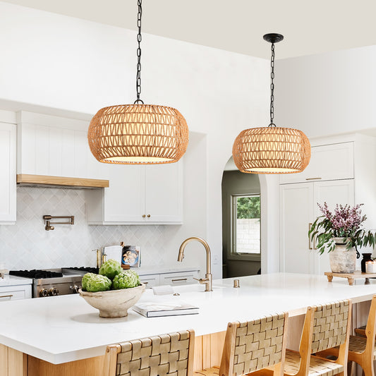 18" White Boho Woven Jute Rope Pendant Light - view 2