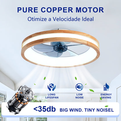 Natural Wood & White Flush Mount Ceiling Fan with Dimmable LED - view 10