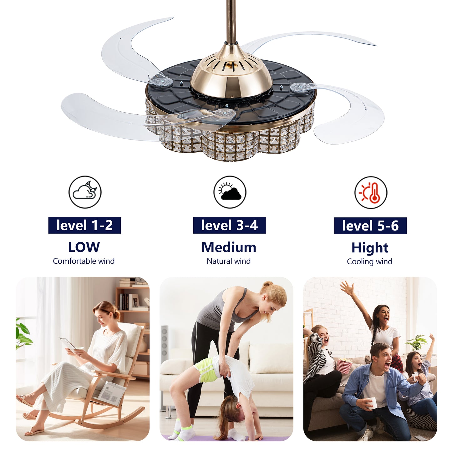 48" Gold Retractable Blade Ceiling Fan with Light & Remote - view 12