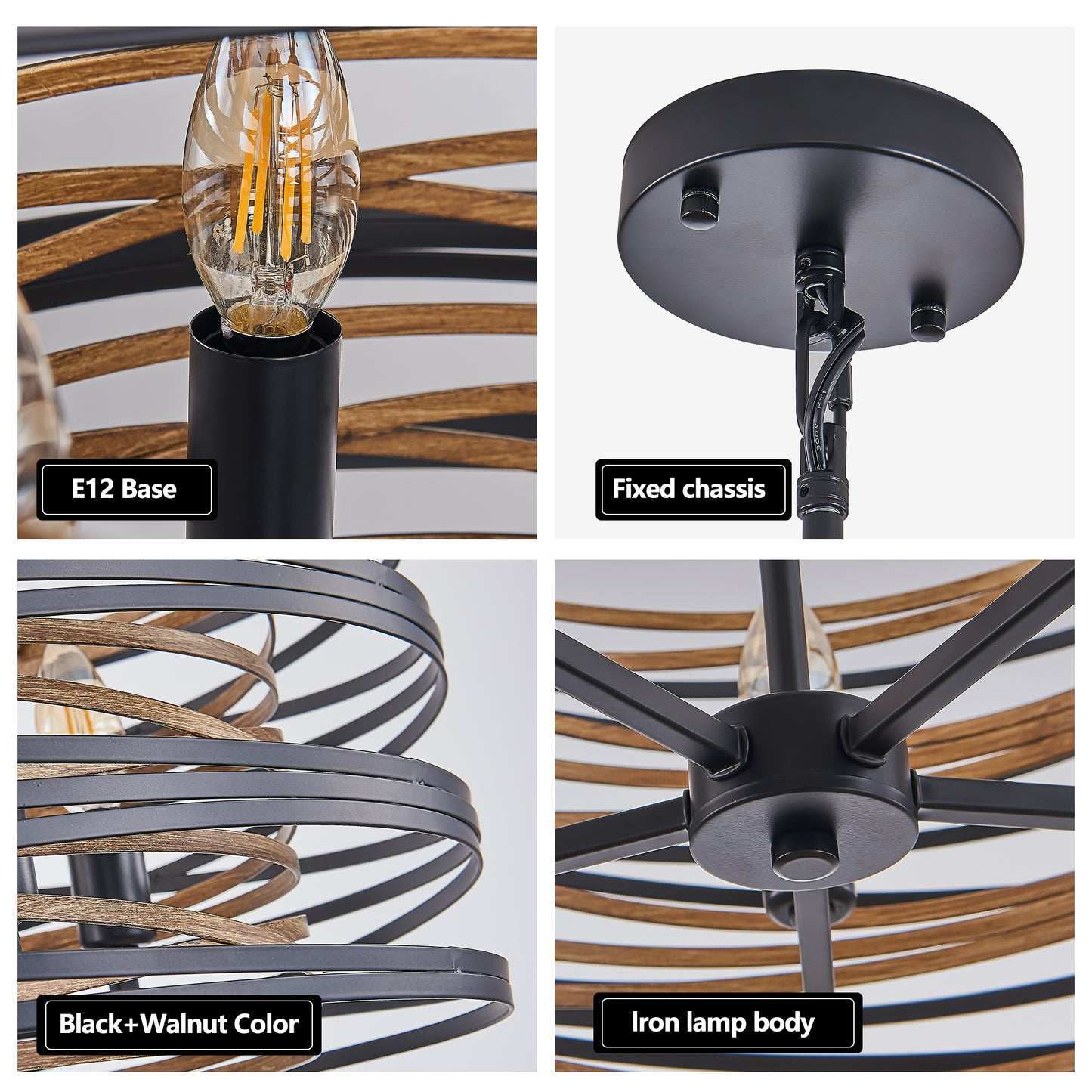 13" 3-Light Black & Walnut Caged Chandelier - view 6