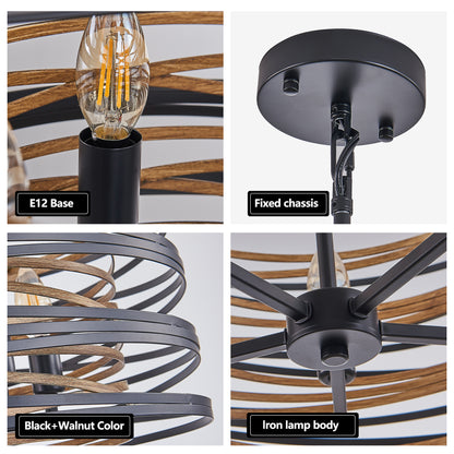 13" 3-Light Black & Walnut Caged Chandelier - view 6