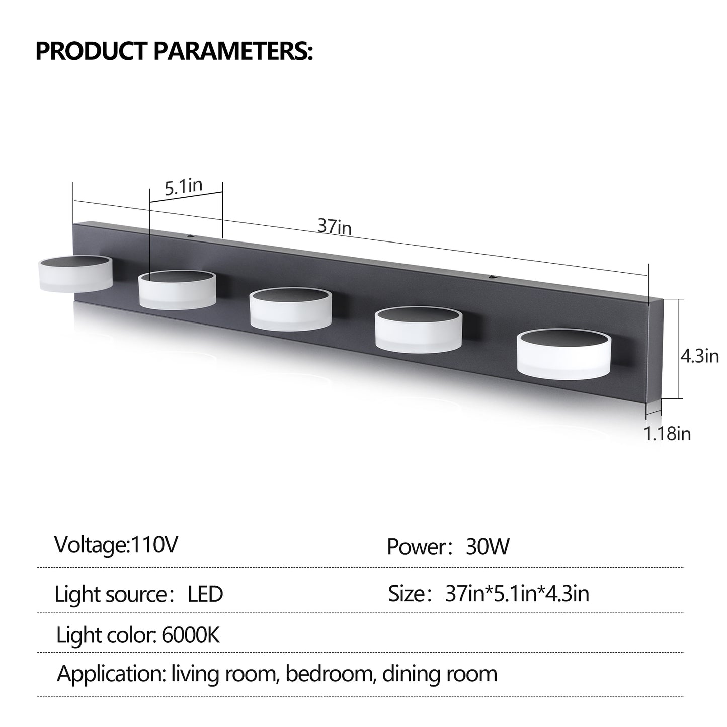 37" 5-Light Black LED Vanity Wall Light - view 12
