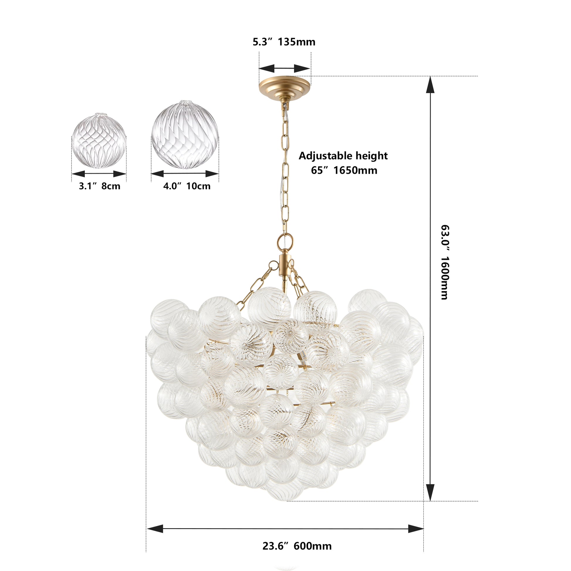 23.6" Gold Chandelier with Threaded Glass Globe - view 10