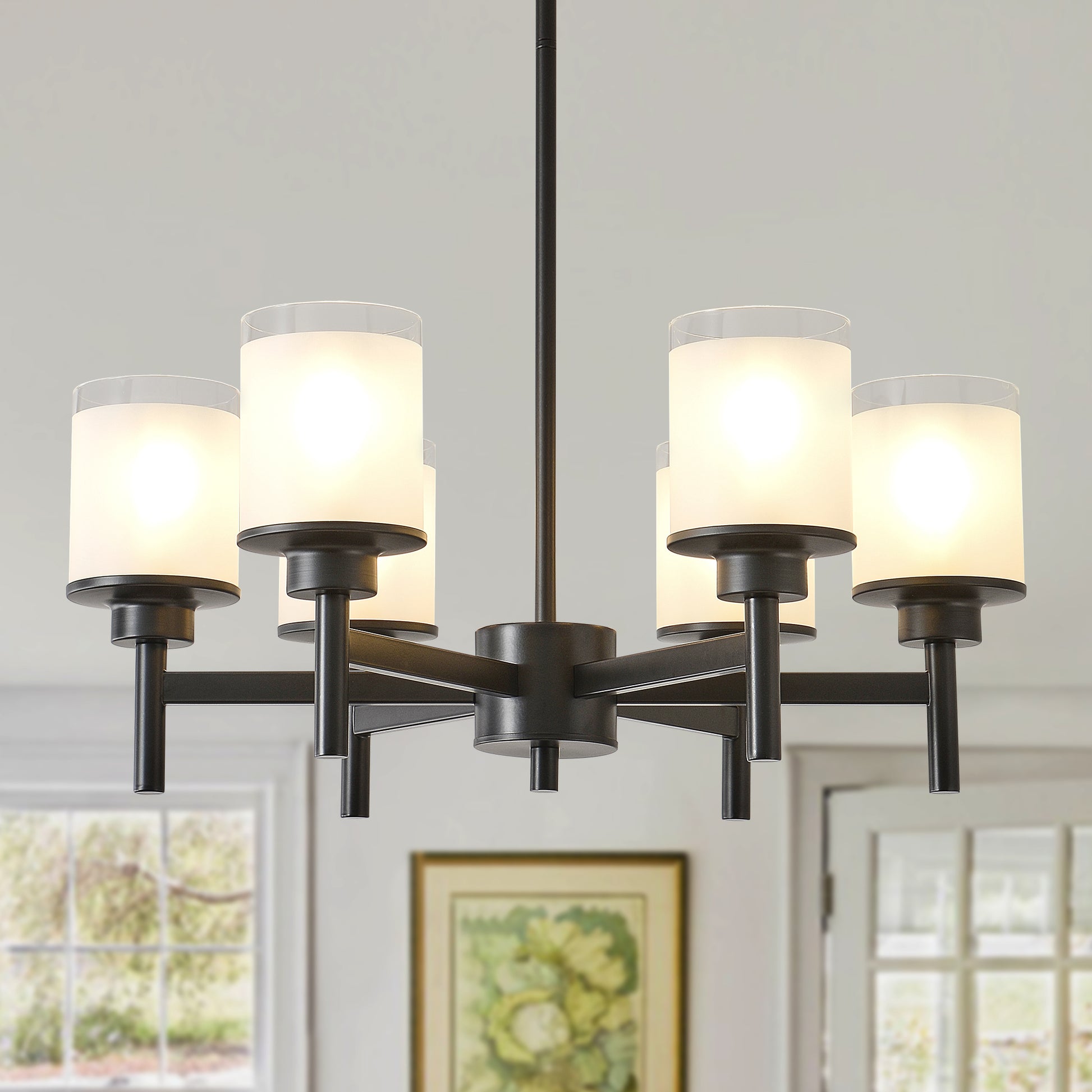 6-Light Black Farmhouse Chandelier with Frosted Glass