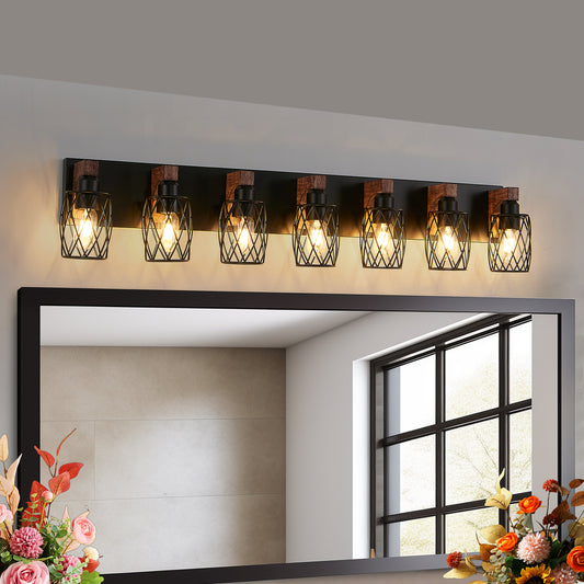 7-Light Black Caged Wall Sconce with Wood Accents