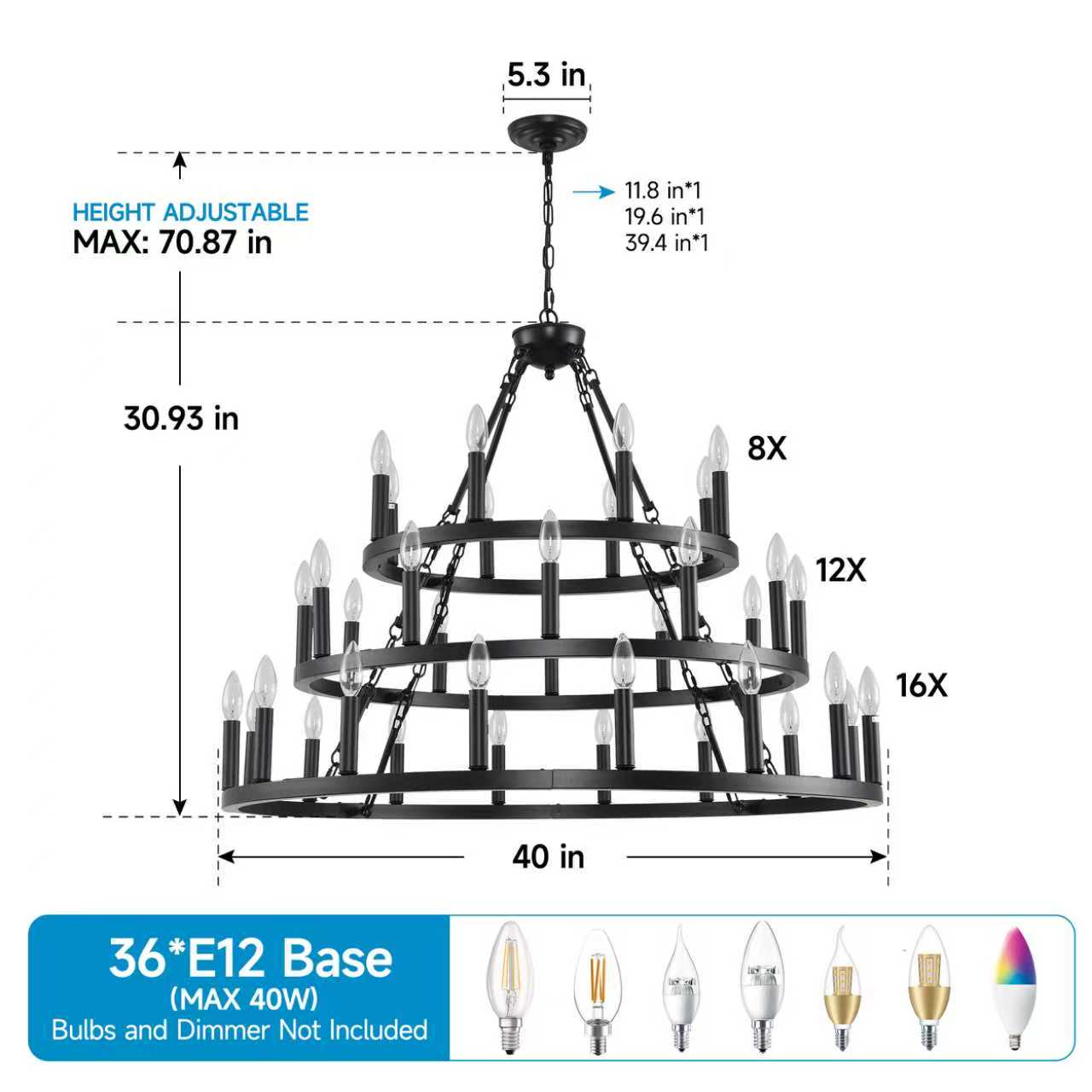 39" 3-Tier Wagon Wheel Farmhouse Chandelier, 36-Light - view 7