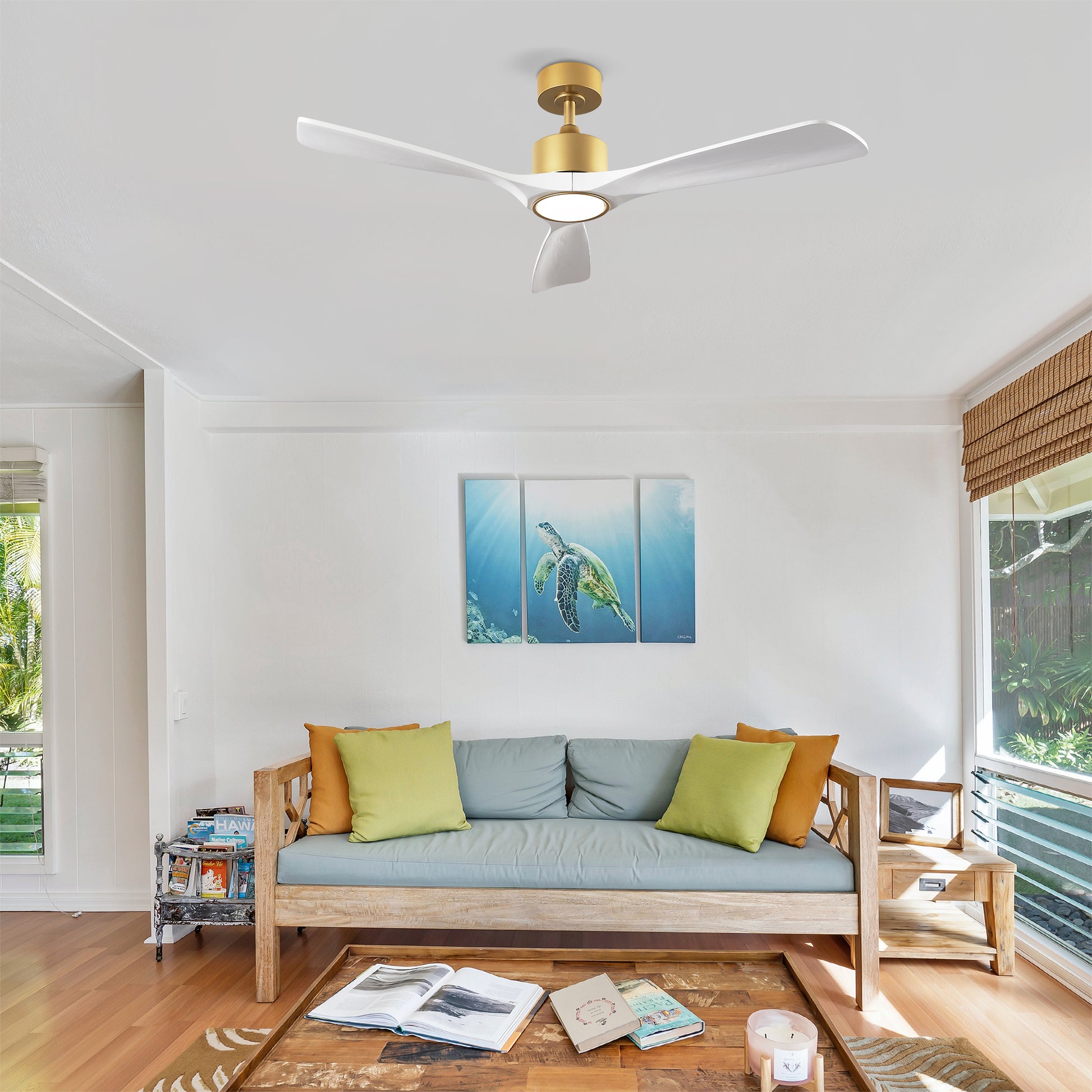 52" Gold and White Solid Wood Ceiling Fan with Dimmable LED - view 6