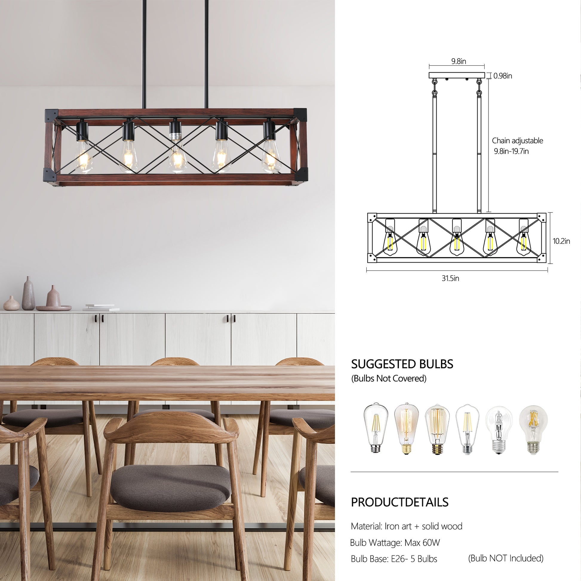 32" 5-Light Red Wood Farmhouse Rectangle Chandelier - view 12