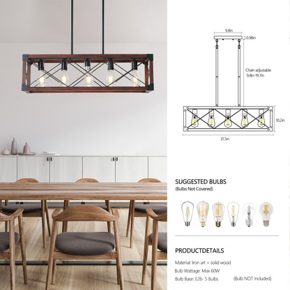32" 5-Light Red Wood Farmhouse Rectangle Chandelier - view 12