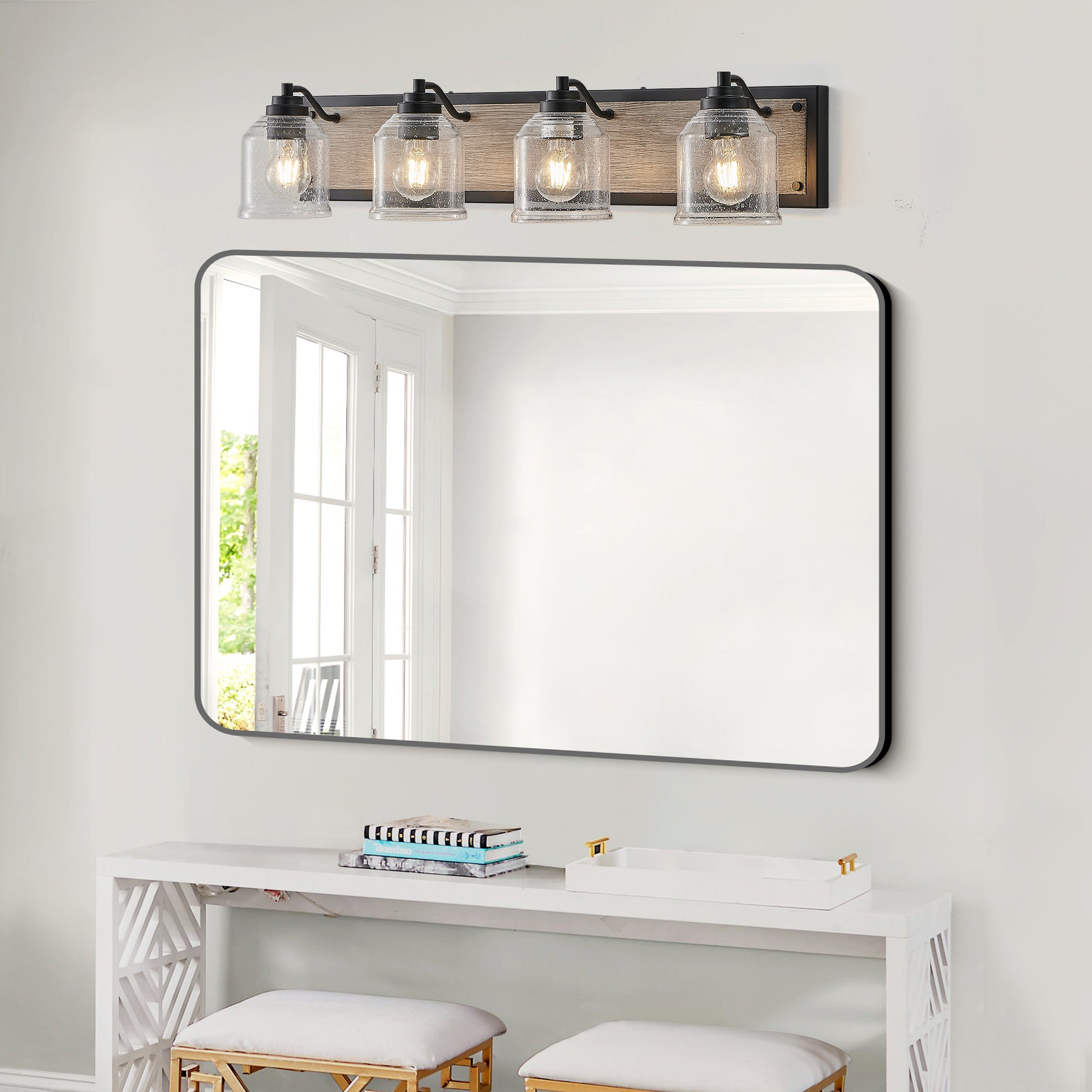 32" 4-Light Black & Wood Farmhouse Vanity Light - view 3