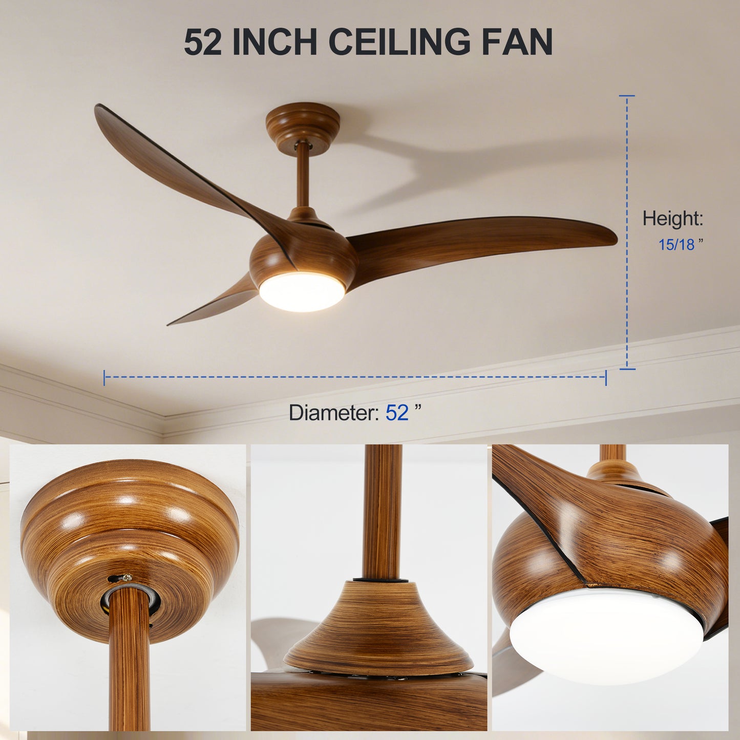 52" Wood Finish Ceiling Fan with LED Light and Remote - view 21