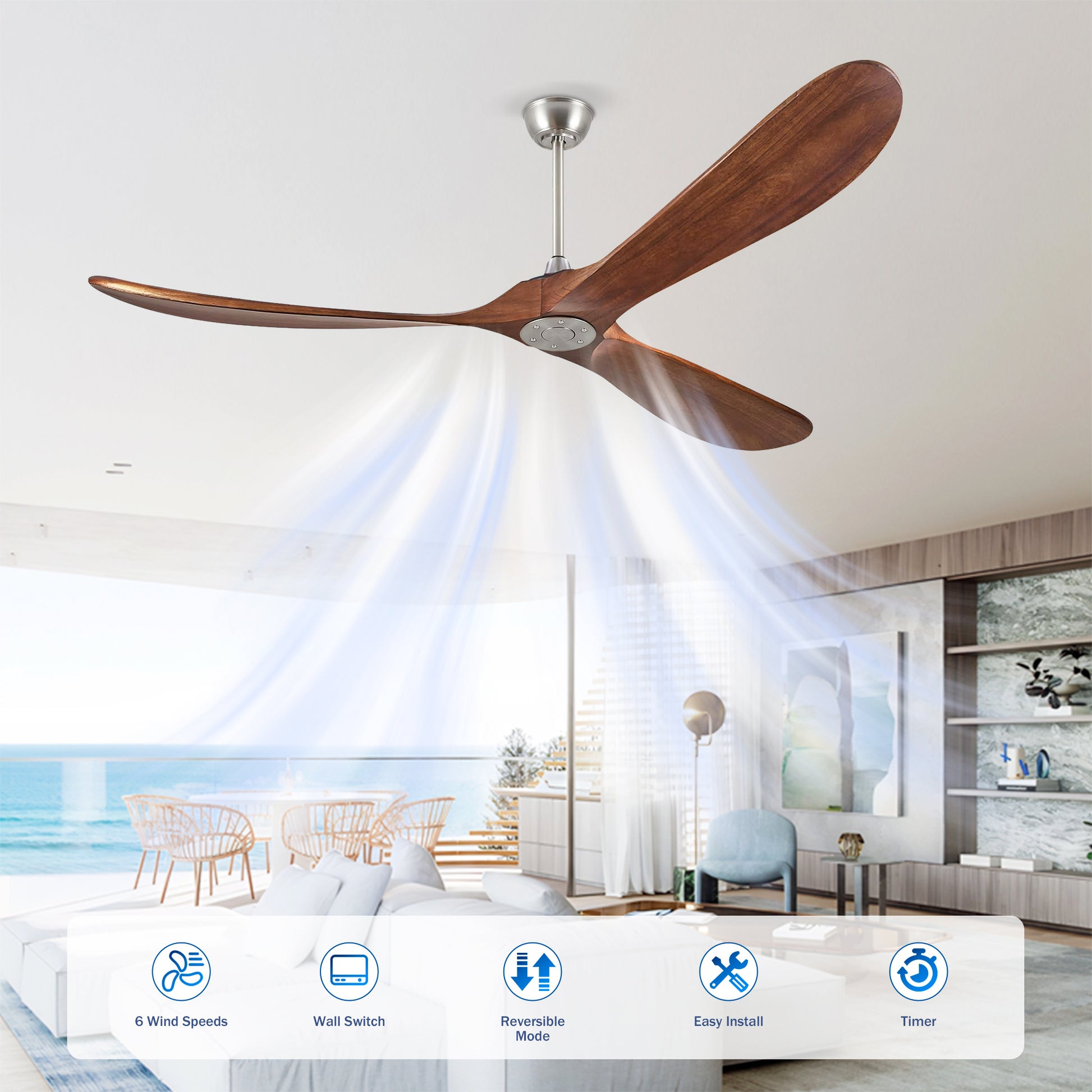72" Walnut Solid Wood Ceiling Fan with Remote - view 12