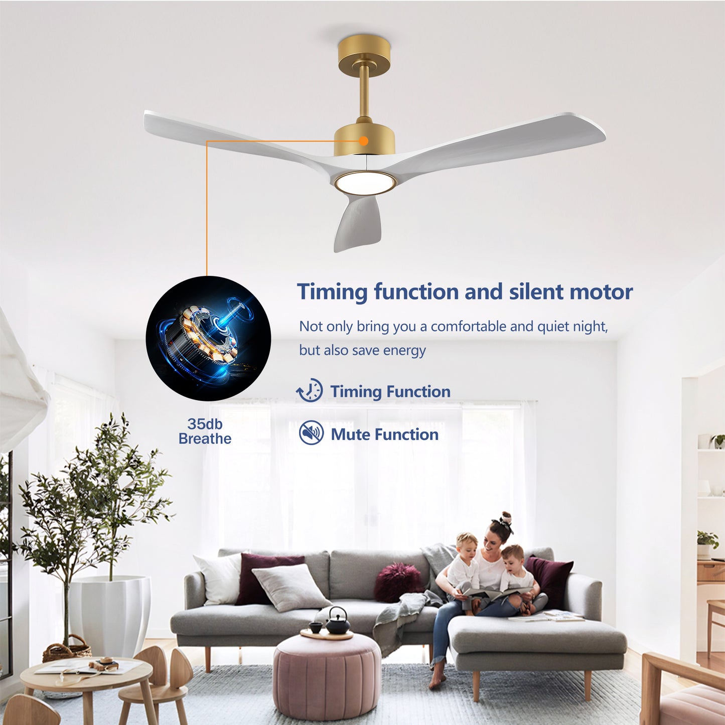 52" Gold and White Solid Wood Ceiling Fan with Dimmable LED - view 8