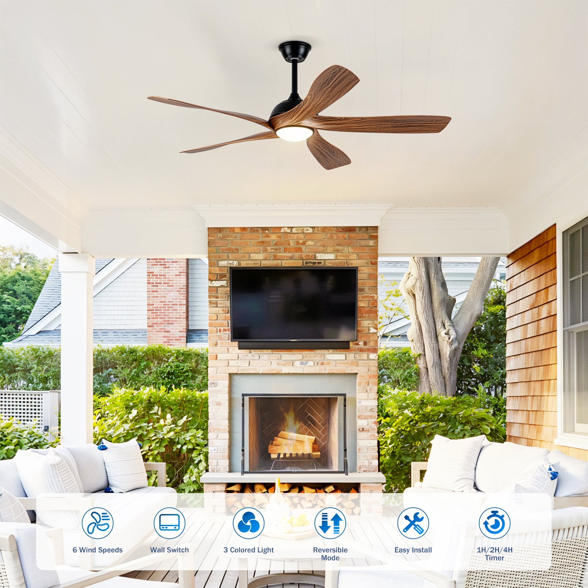 56" Matte Black & Wood Ceiling Fan with LED Light - view 3