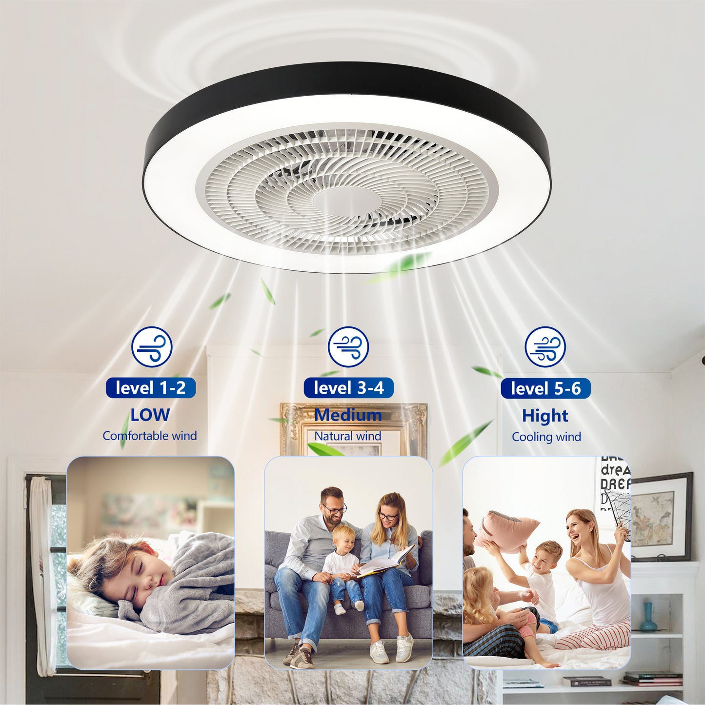 Matte Black Flush Mount Ceiling Fan with Dimmable LED - view 14