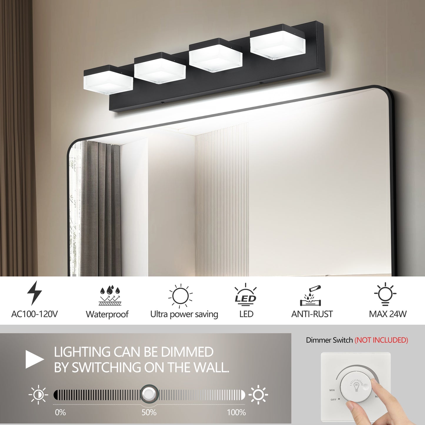 4-Light Matte Black Vanity Light with Dimmable LED - view 5