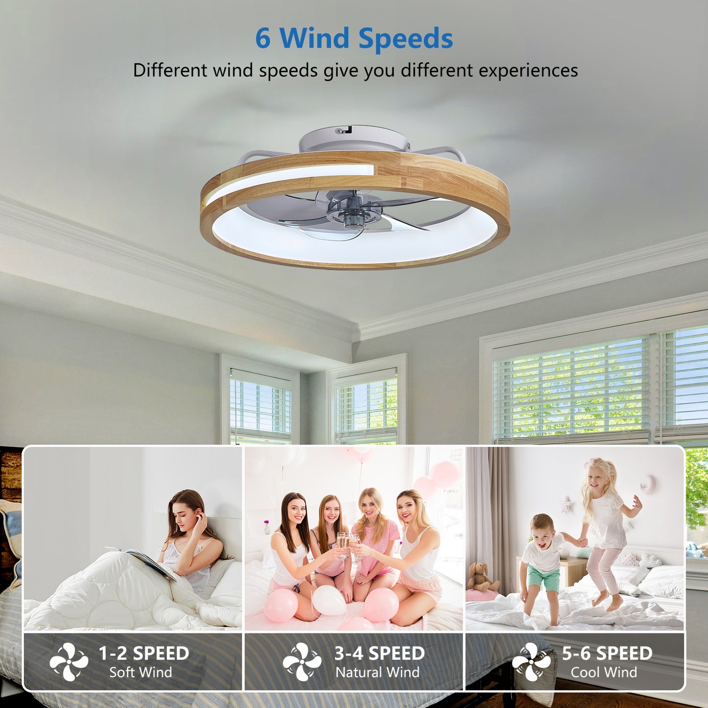 20" Wood Flush Mount Ceiling Fan with Dimmable LED - view 6