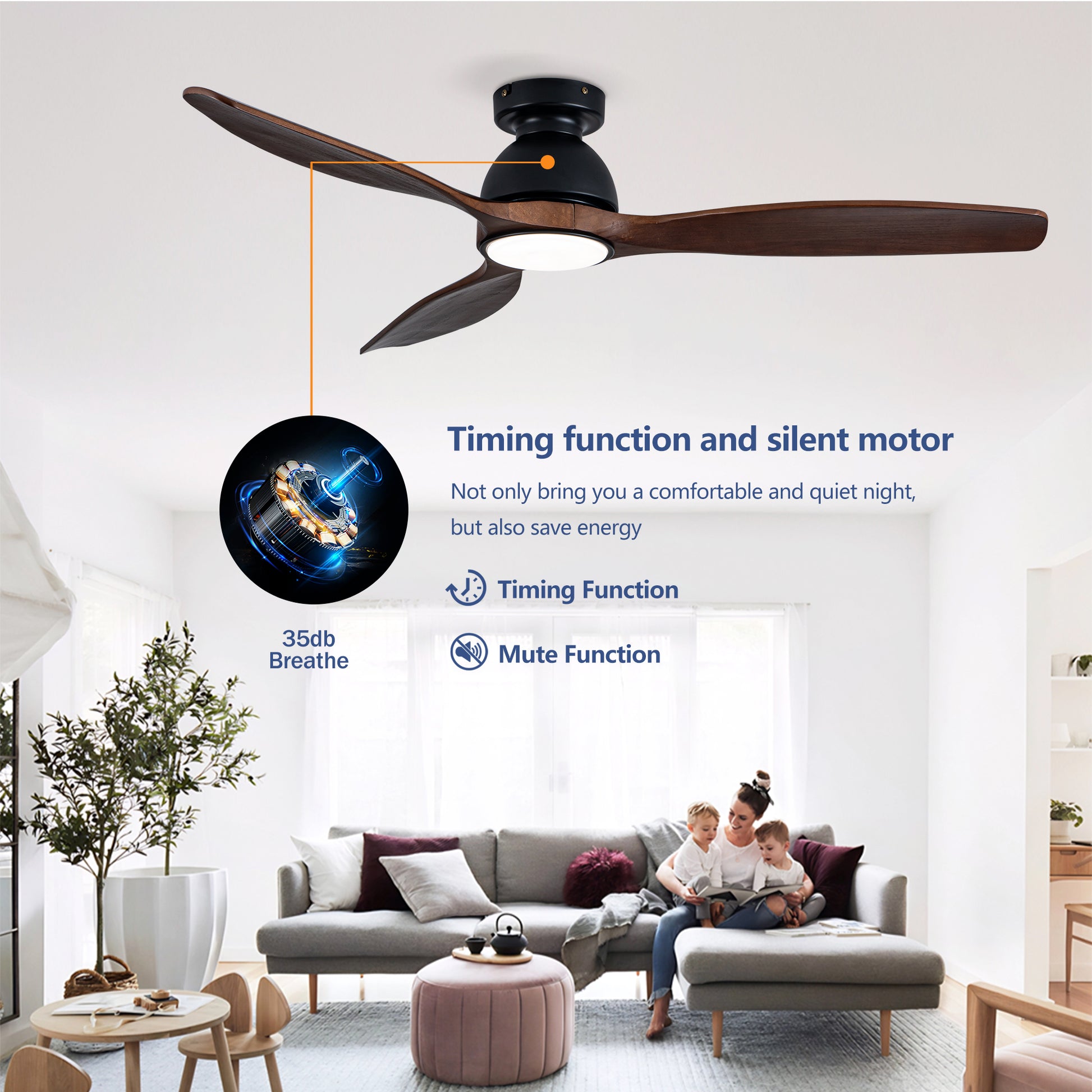 52" Matte Black Flush Mount Wood Ceiling Fan with Remote - view 8