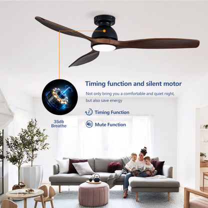 52" Matte Black Flush Mount Wood Ceiling Fan with Remote - view 8