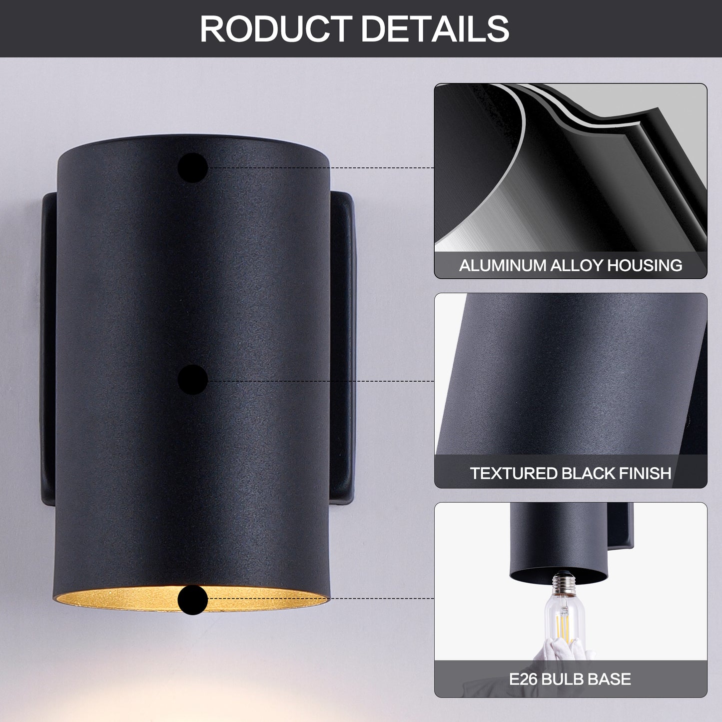 7" Black Cylinder Outdoor Wall Light, Set of 2 - view 6