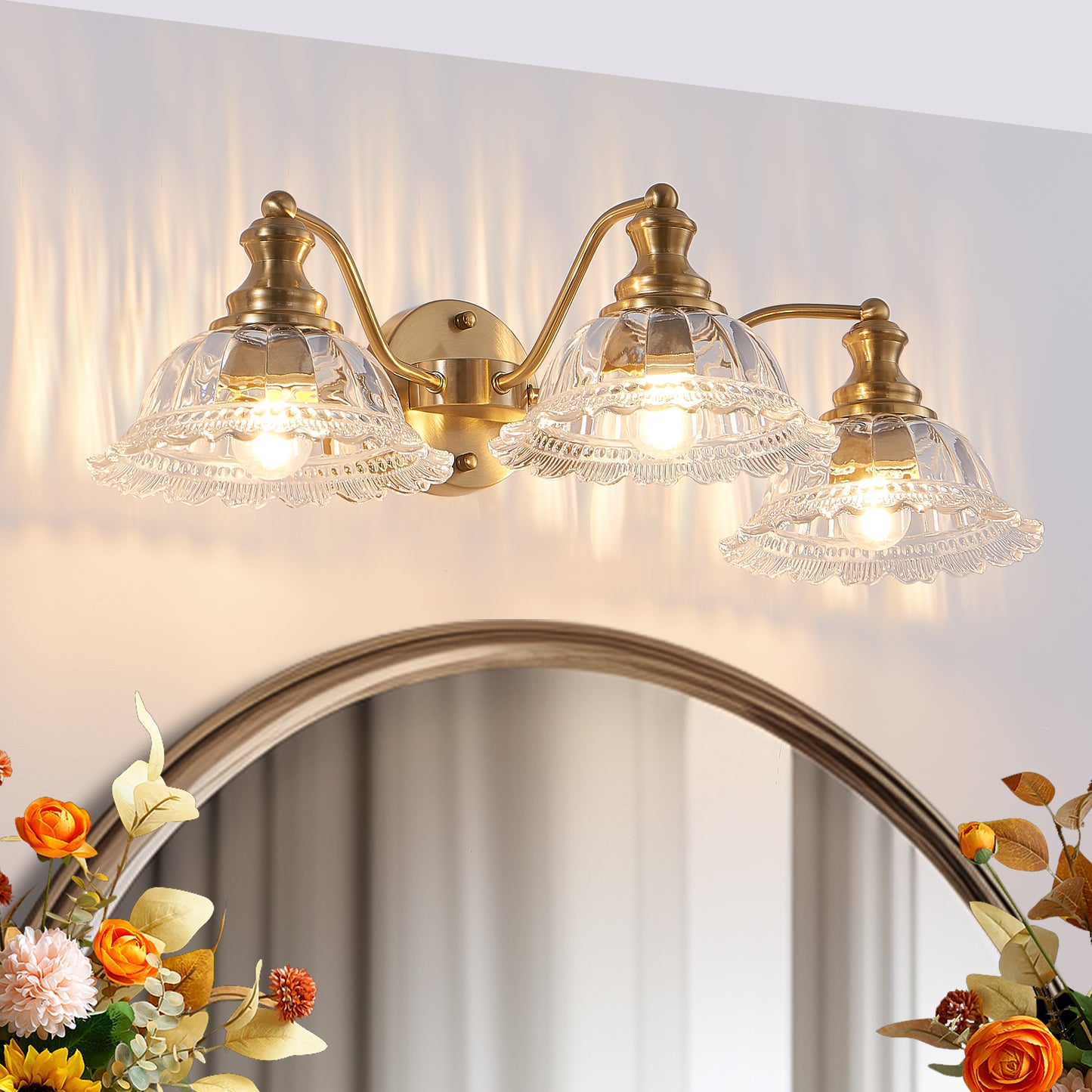 24" 3-Light Vintage Gold Vanity Light with Glass Shades - view 4