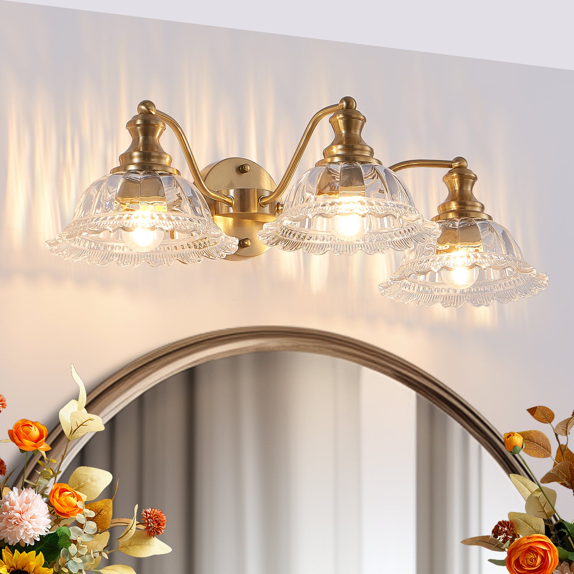 24" 3-Light Vintage Gold Vanity Light with Glass Shades - view 4