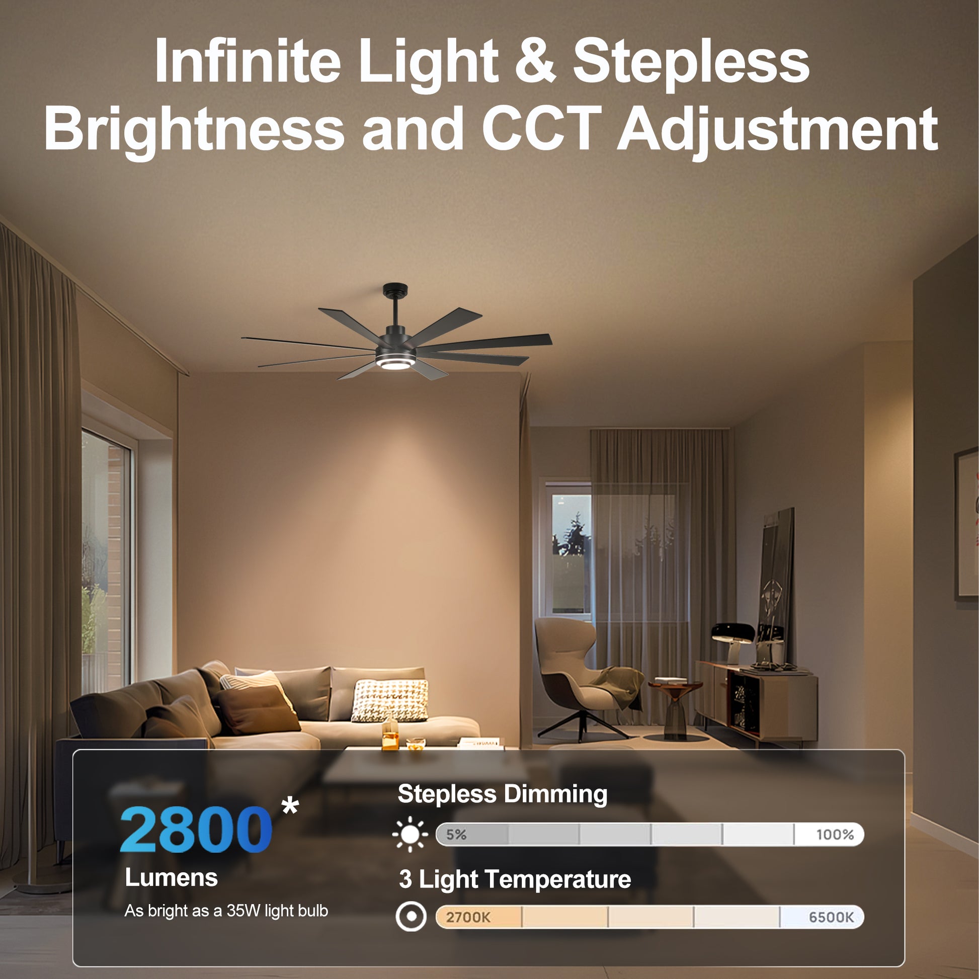 72" Matte Black 8-Blade Ceiling Fan with Dimmable LED - view 6