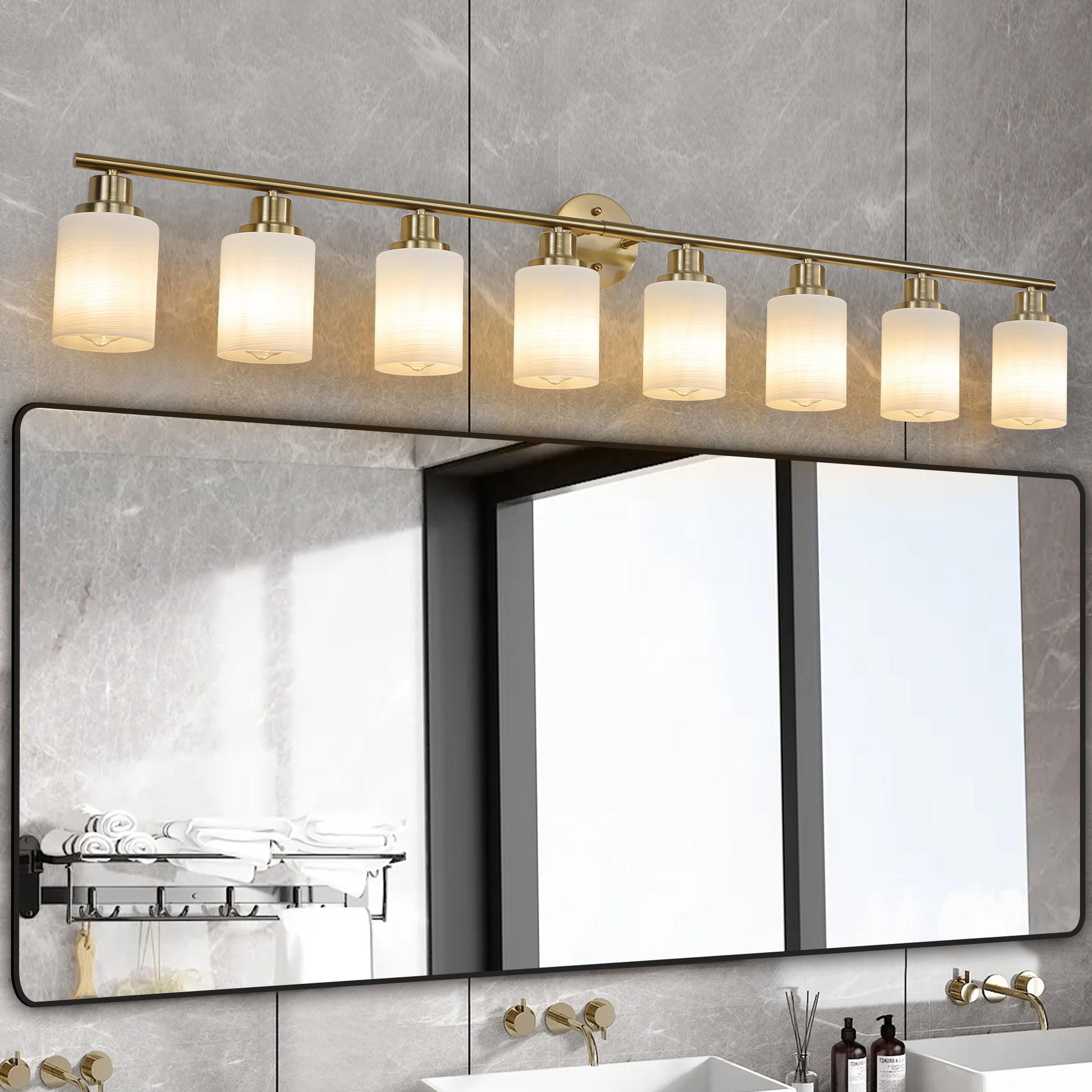 52" 8-Light Gold Vanity Light with Frosted Glass