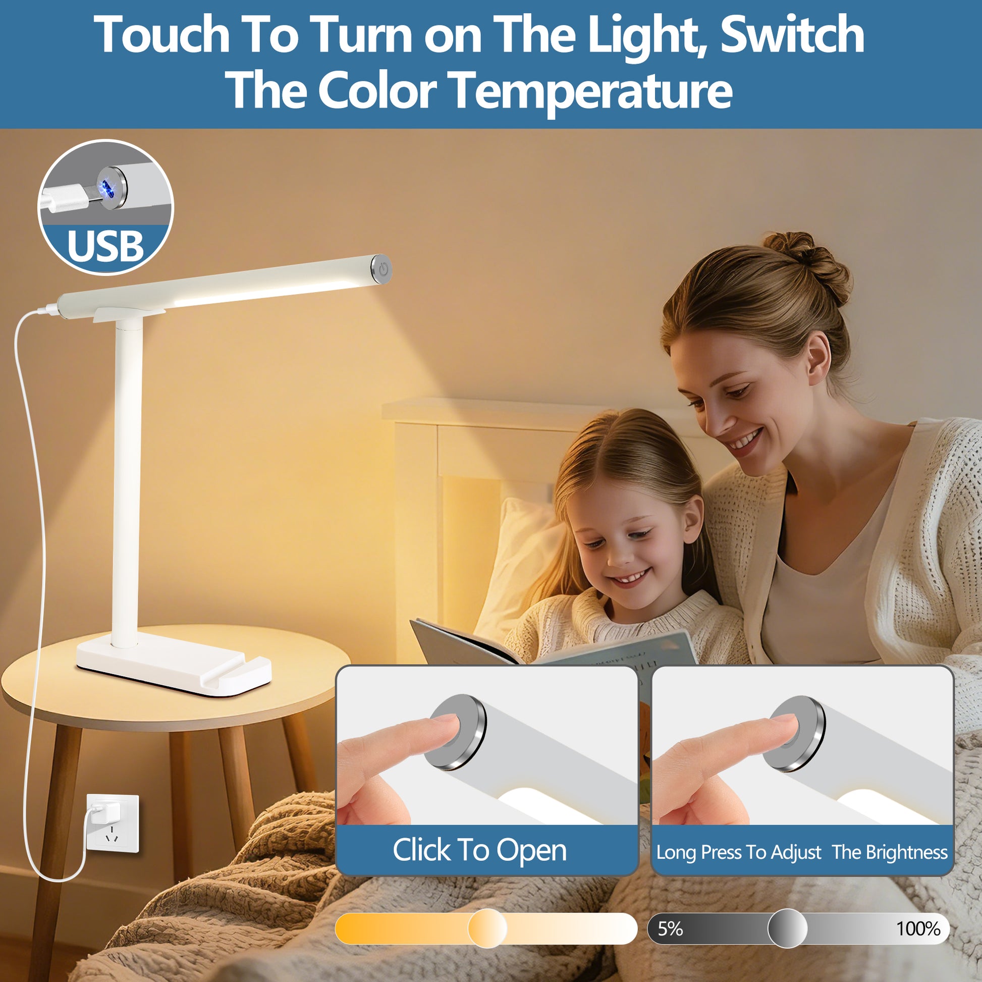 White Adjustable LED Desk Lamp with USB Port - view 3