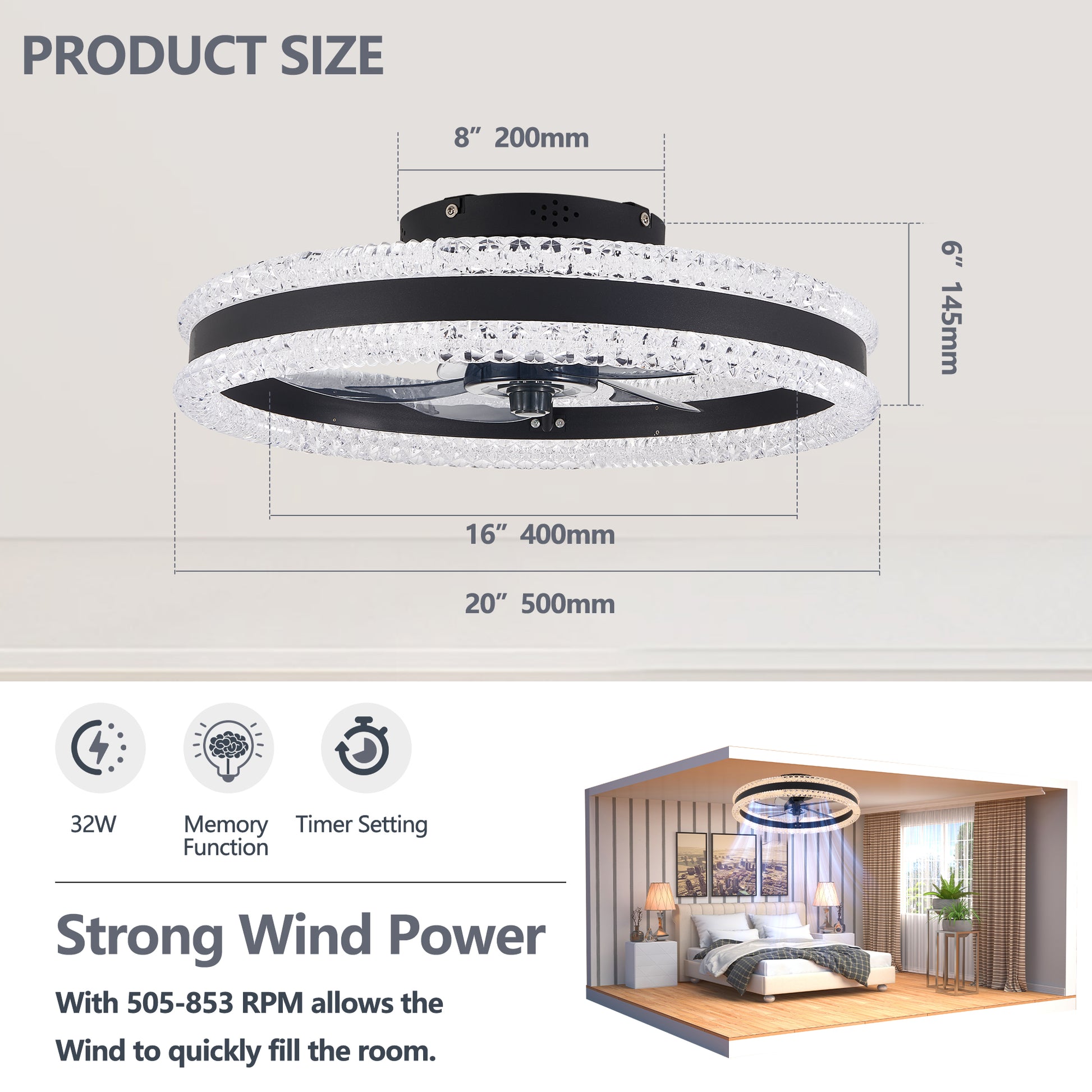 20" Black Double Ring Ceiling Fan with Dimmable LED - view 7