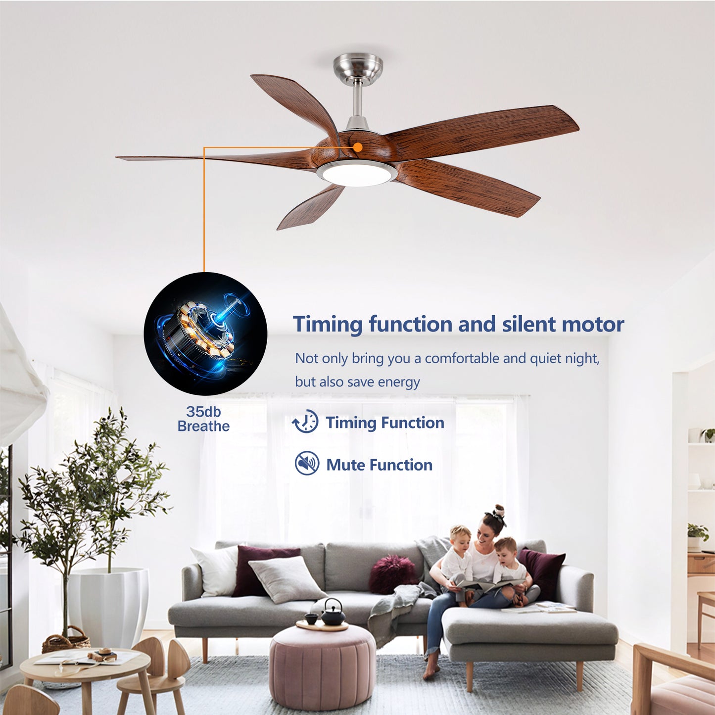 56" Nickel & Wood 5-Blade Ceiling Fan with Remote - view 11