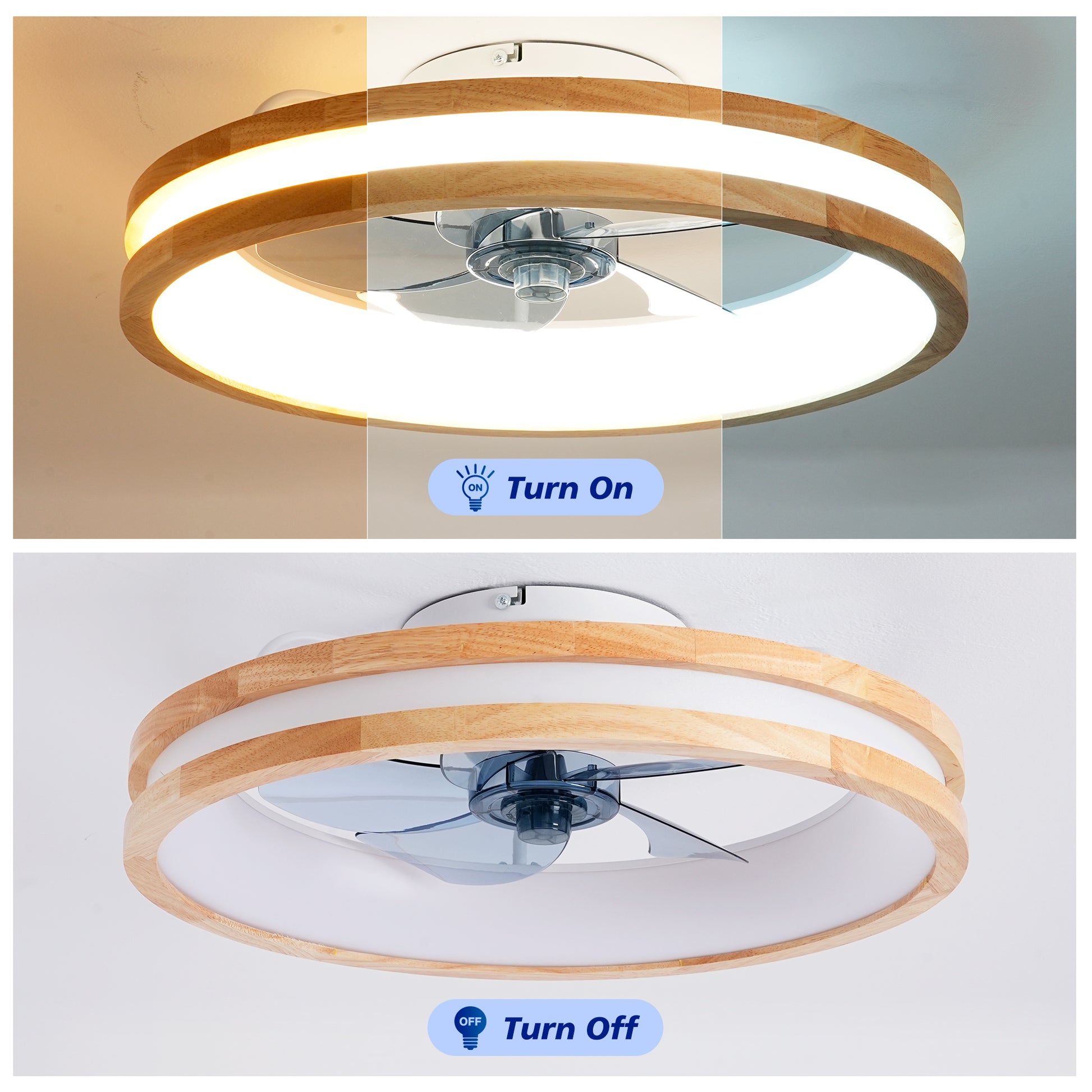 Natural Wood & White Flush Mount Ceiling Fan with Dimmable LED - view 9